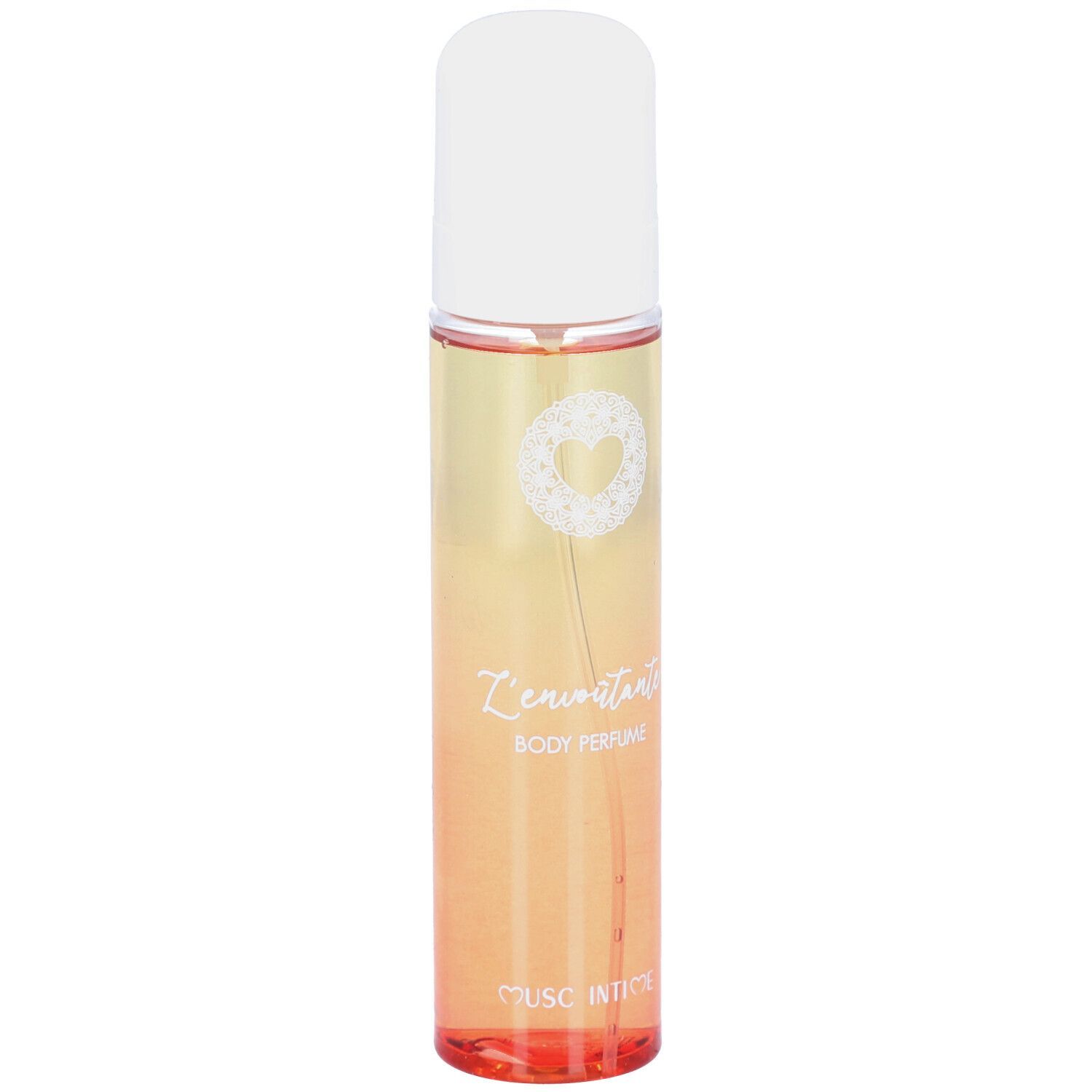 Körperparfum in einem zylindrischen Zerstäuber mit weißem Verschluss. Farbverlauf von Gelb zu Orange.