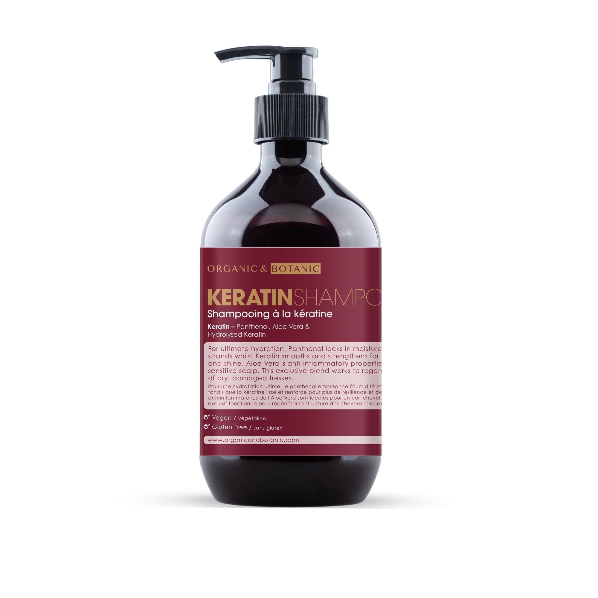 Braune Flasche mit schwarzem Pumpaufsatz. Etikett mit Text: Keratin Shampoo. Vegan, glutenfrei.