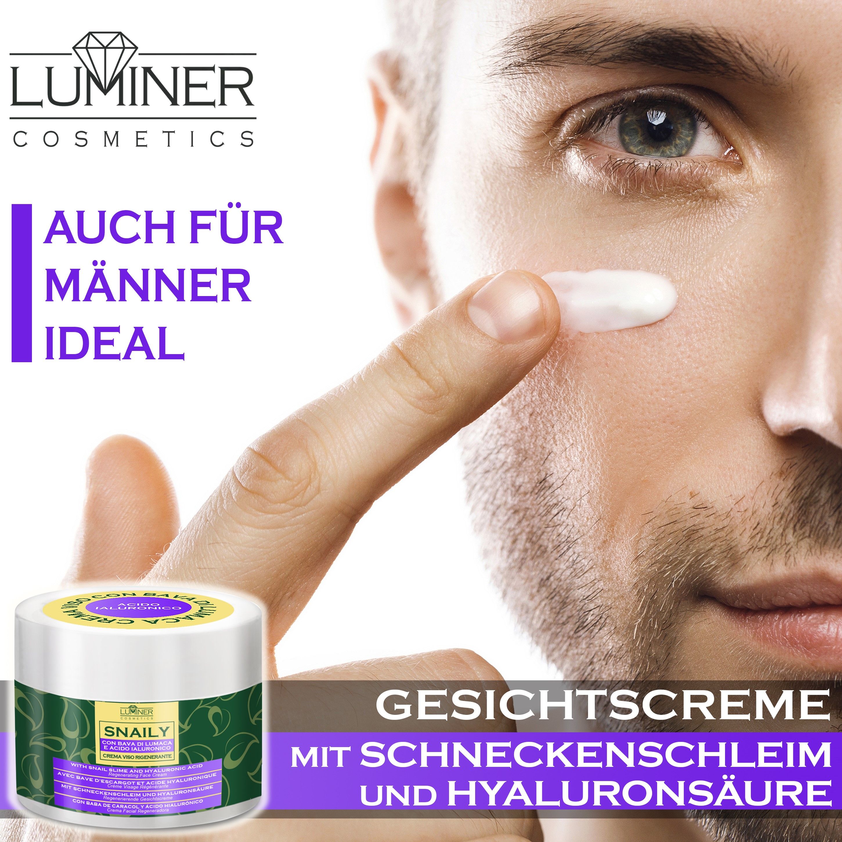 Frau mit Pigmentflecken, Tiegel und Text "Gegen Melasma und Pigmentflecken".