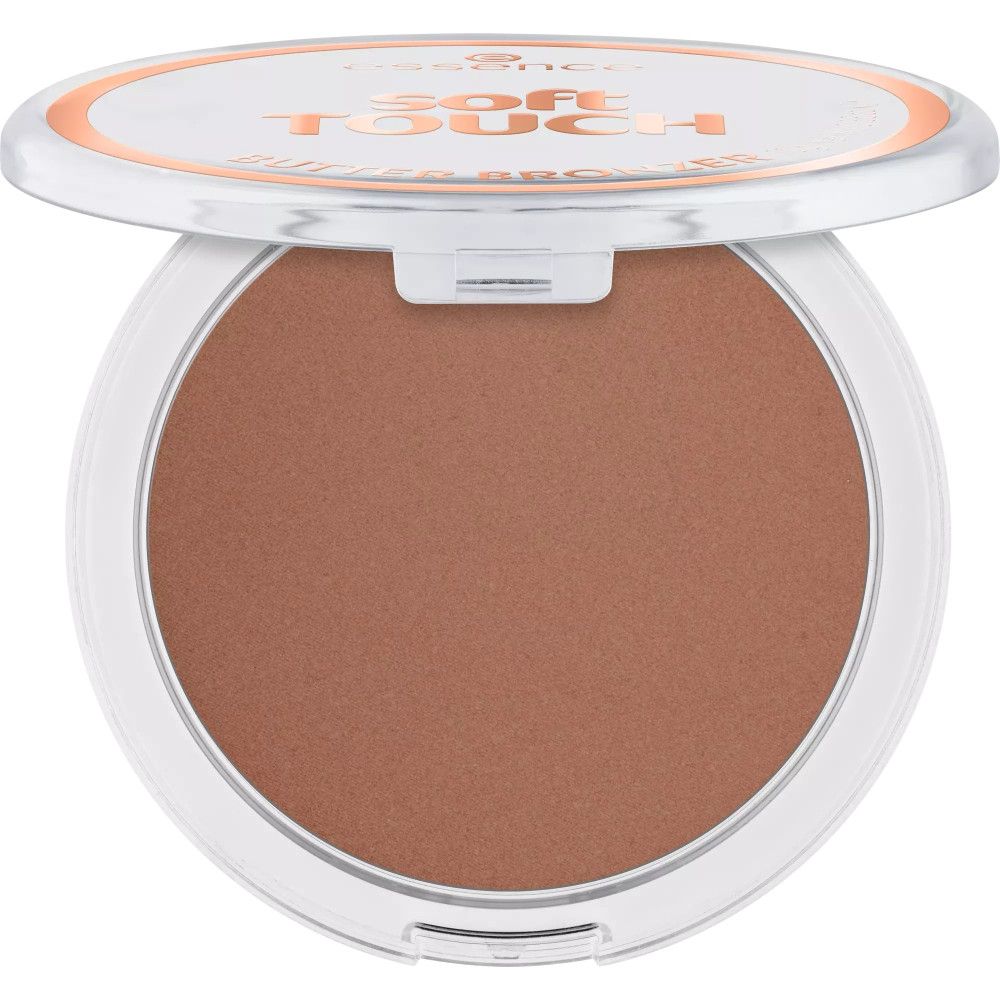 Bronzer-Puder in geöffneter Dose. Marke Essence, Schriftzug Soft Touch, Butter Bronzer. Braune Farbe.