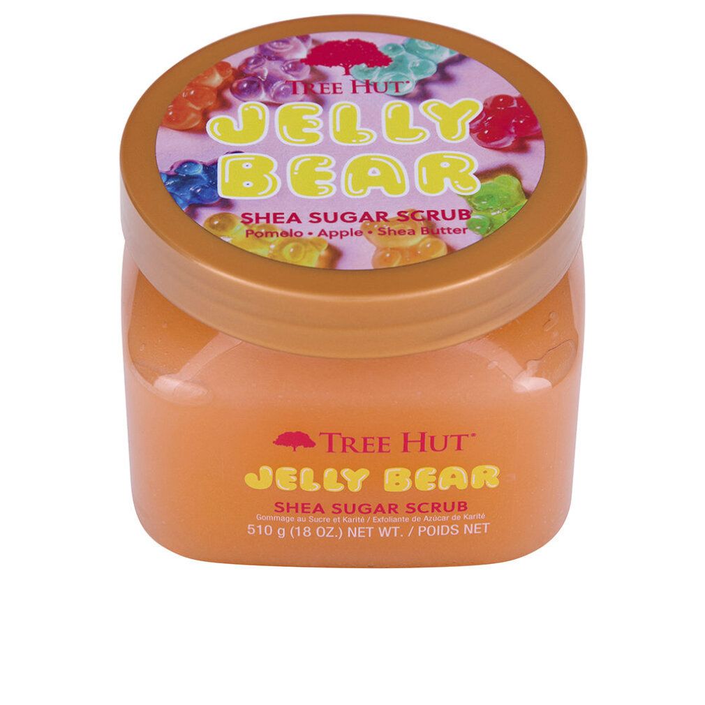 Ein Glas Tree Hut Jelly Bear Shea Zucker Peeling mit Gummibärchen-Motiv auf dem Deckel.