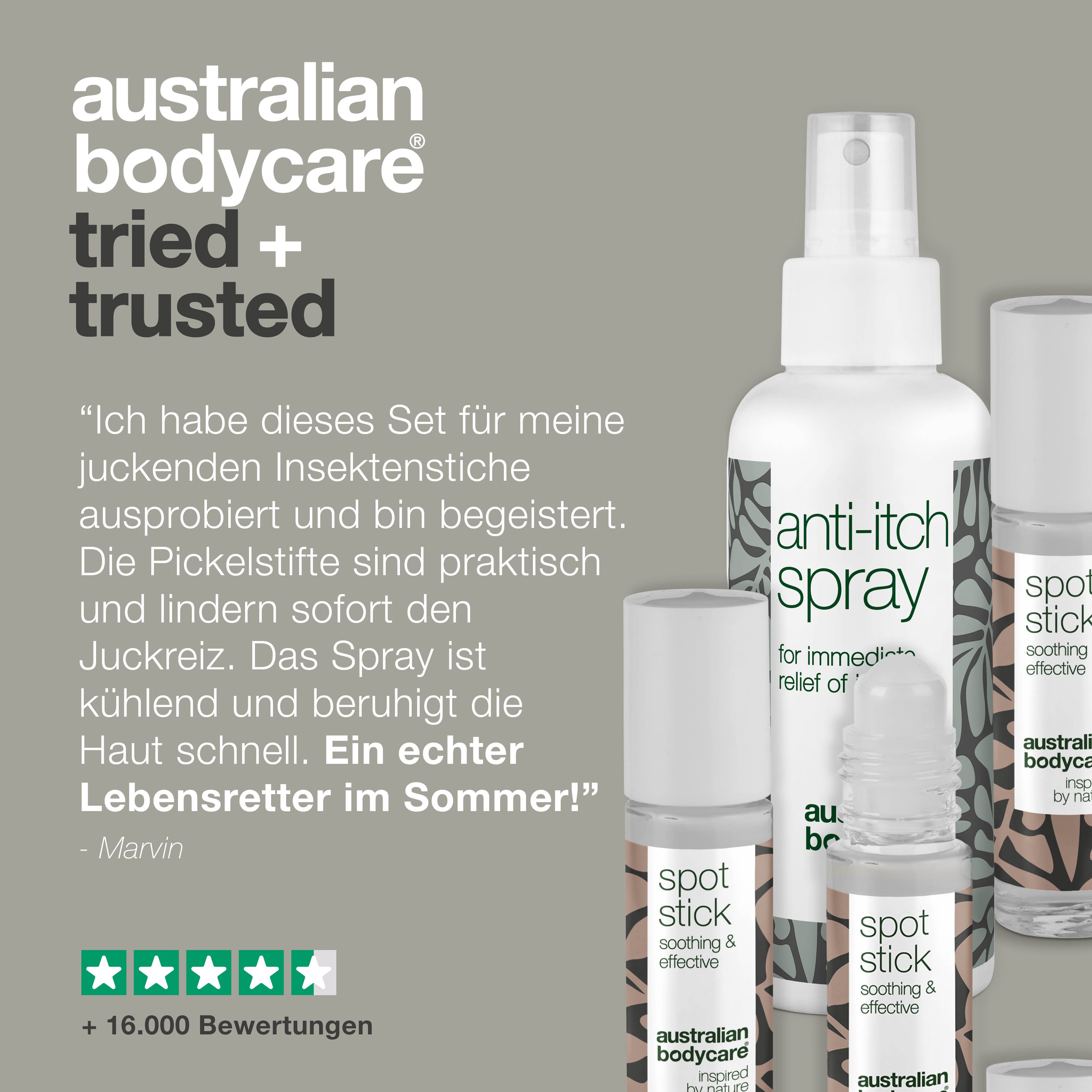 Grafik mit Anti-Juckreiz-Spray und Spot Sticks.  Markenname und Text sichtbar.  Sterne und Text.