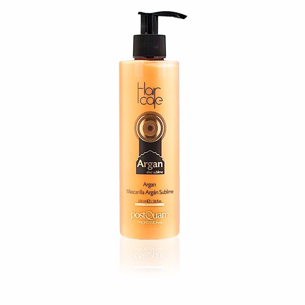 Arganöl-Haarmaske in einer Flasche mit Dosierpumpe. Aufschrift: Hair care, Argan, Mascarilla Argan Sublime, Postquam Professional.