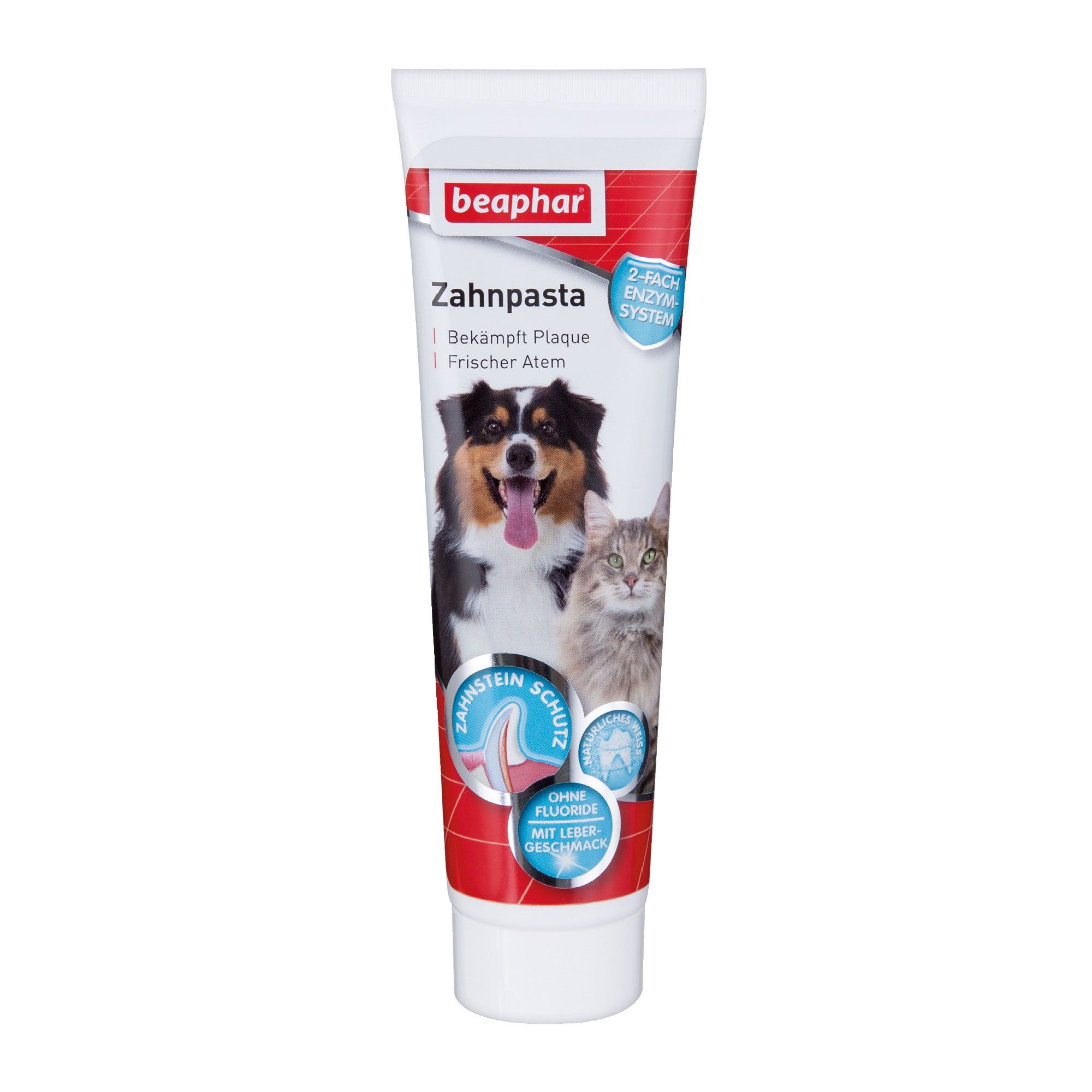 Eine Tube Zahnpasta mit einem Hund und einer Katze. Text: Zahnpasta, bekämpft Plaque, frischer Atem, Zahnstein Schutz, ohne Fluorid, mit Leber-Geschmack.