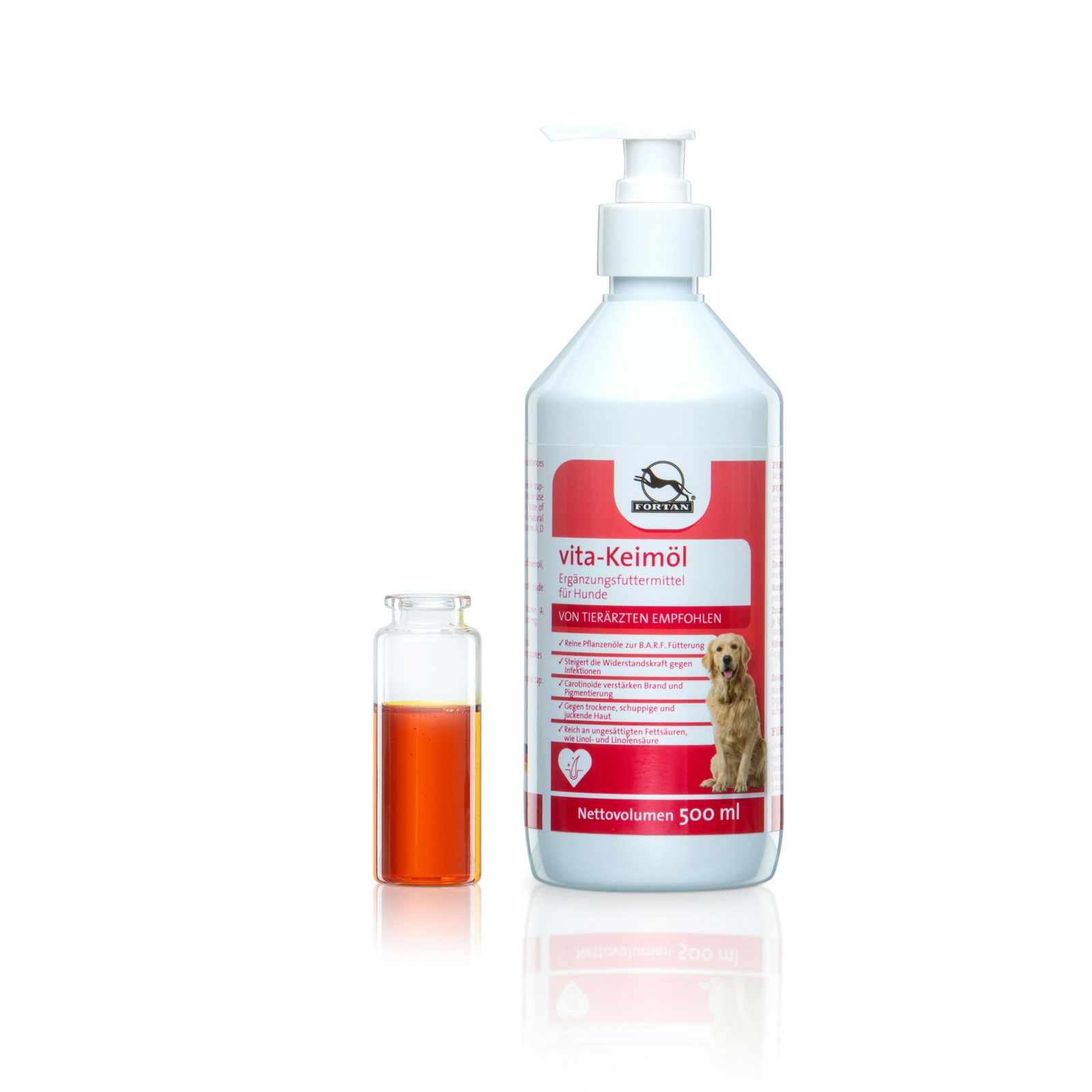 Weiße Flasche mit rotem Etikett und Dosierpumpe. Daneben eine kleine Glasampulle mit Flüssigkeit.