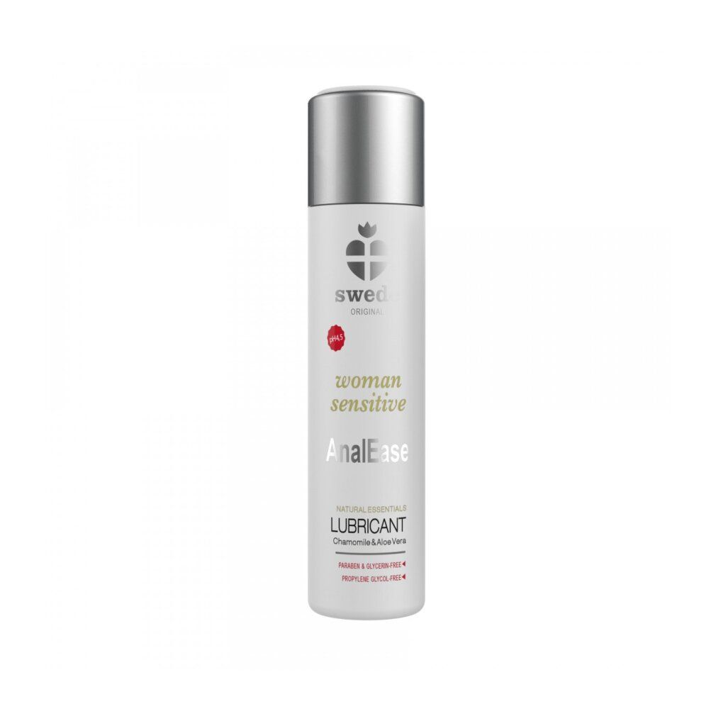 Weißes Fläschchen mit silbernem Deckel. Aufschrift: Swede, woman sensitive AnalEase, Natural Essentials Lubricant.