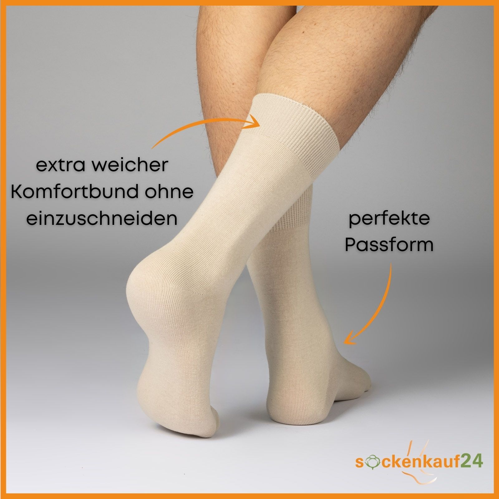 Person trägt beige Socken. Text: "extra weicher Komfortbund ohne einzuschneiden" und "perfekte Passform".