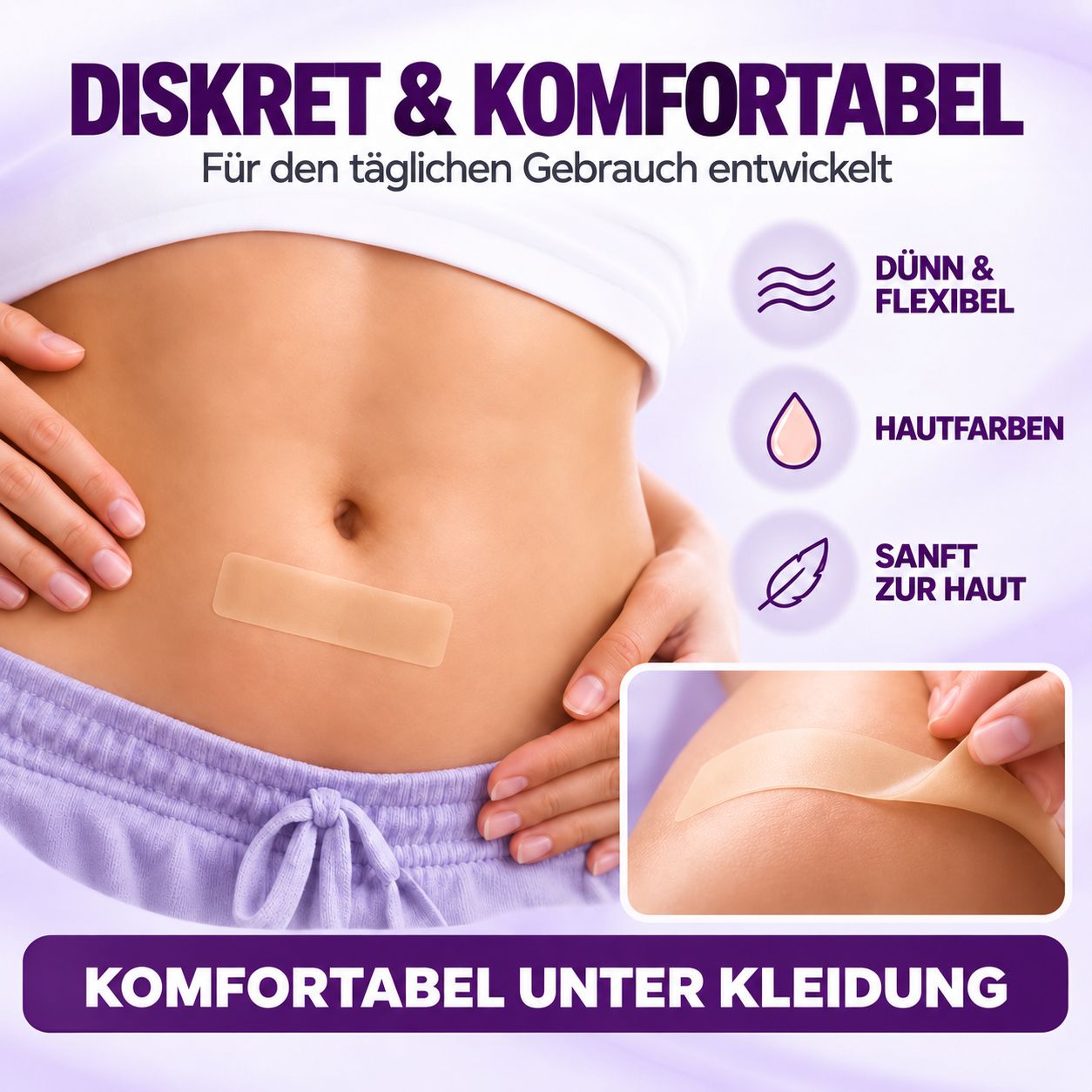 Bauchansicht mit aufgetragener Leiqier Narbenpflaster. Diskret und komfortabel.