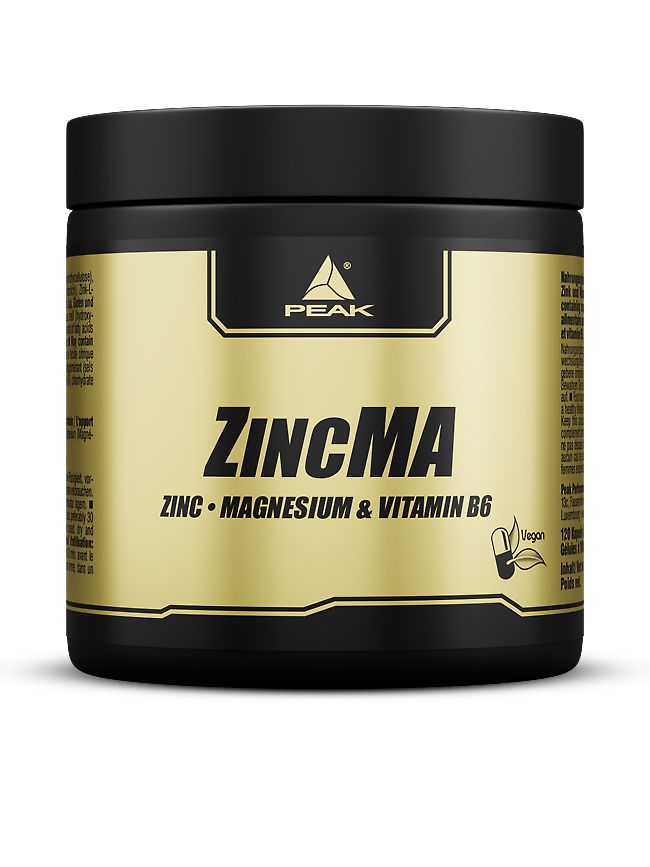 Schwarze Dose mit goldfarbenem Etikett. "PEAK"-Logo und "ZinkMA" Schriftzug. Enthält Zink, Magnesium & Vitamin B6. Vegan.