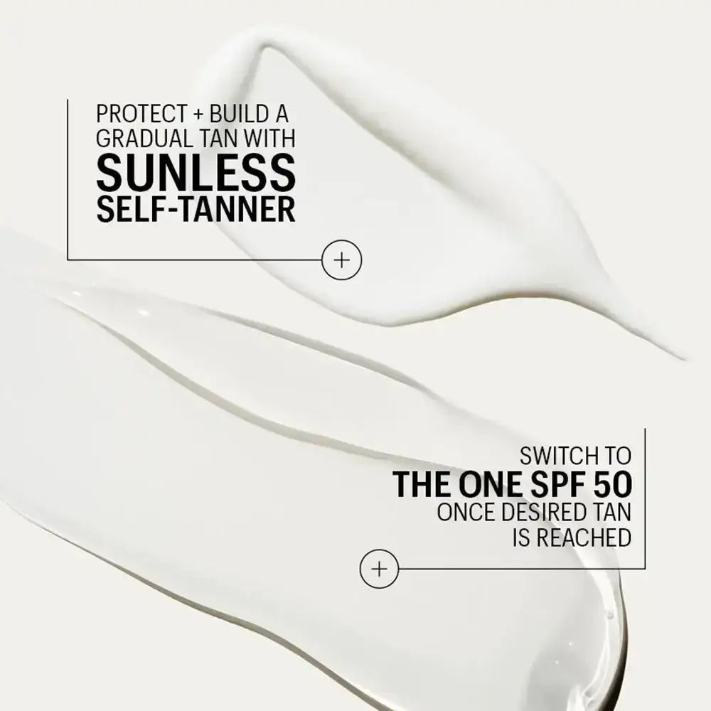 Cremige Textur mit Text: 'Protect + Build a Gradual Tan with Sunless Self-Tanner'. Daneben: 'Switch to The One SPF 50 Once Desired Tan is Reached'.