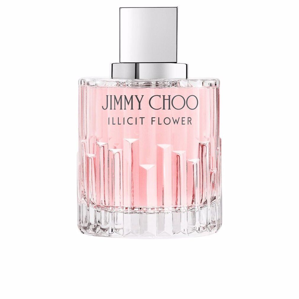 Jimmy Choo Illicit Flower Flakon. Rosa Flüssigkeit, silberner Verschluss. Geriffeltes Glasdesign.