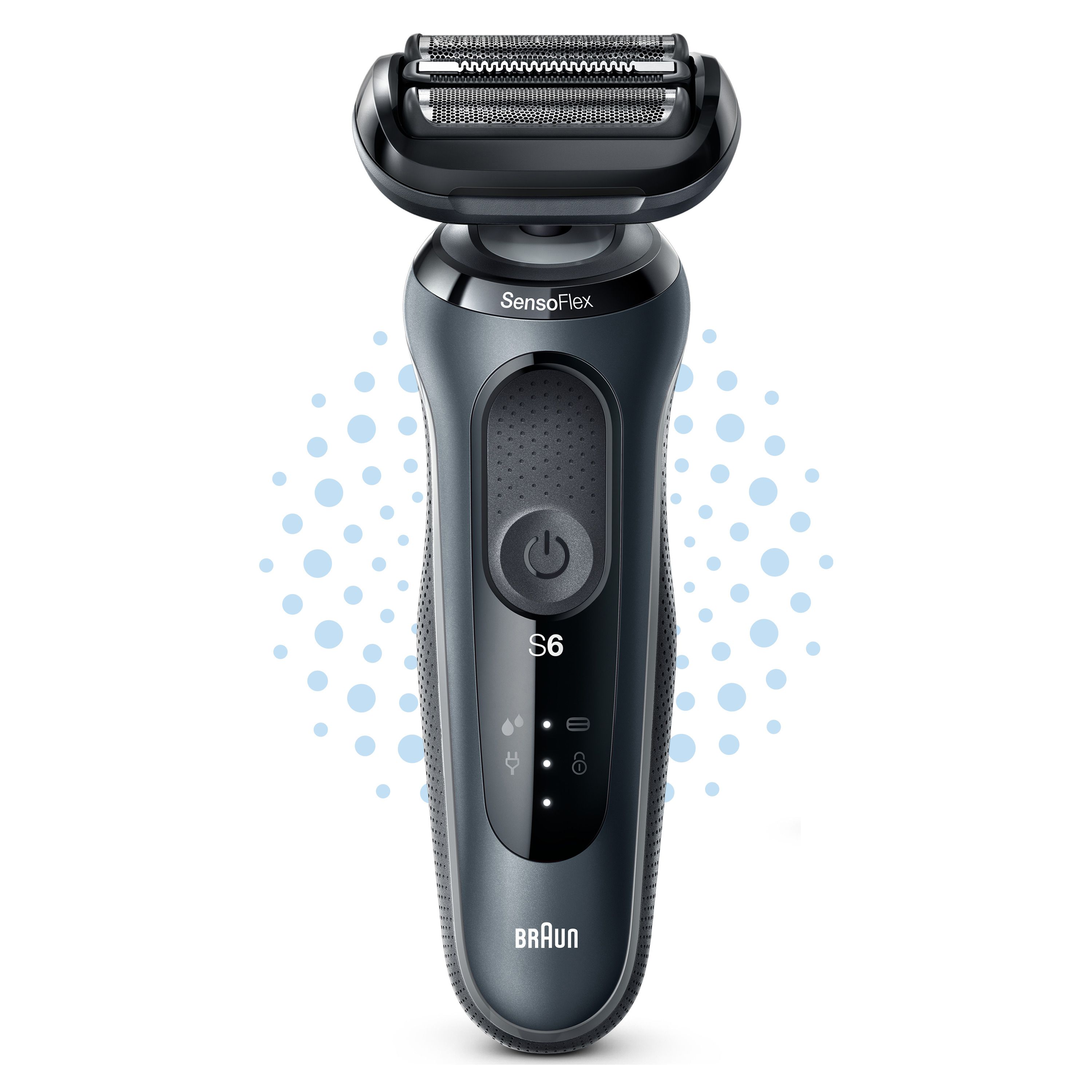 Grauer Elektrorasierer Braun Series 6. SensoFlex-Technologie. Ein/Aus-Taste, Akkuanzeige, Braun-Logo.