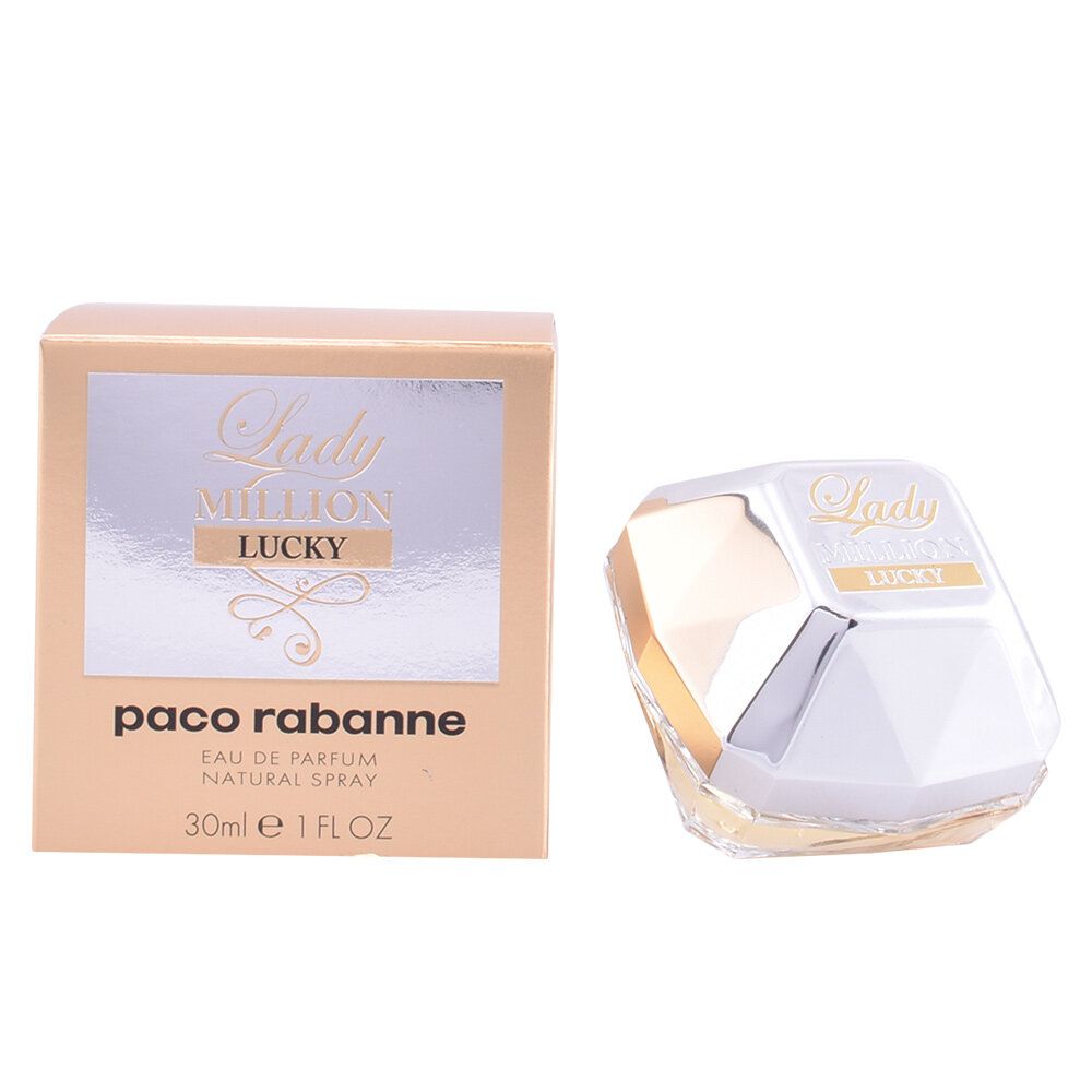Lady Million Lucky Edp Spray, Flakon und Verpackung. Goldfarbene Verpackung mit Produktnamen. Flakon diamantförmig.