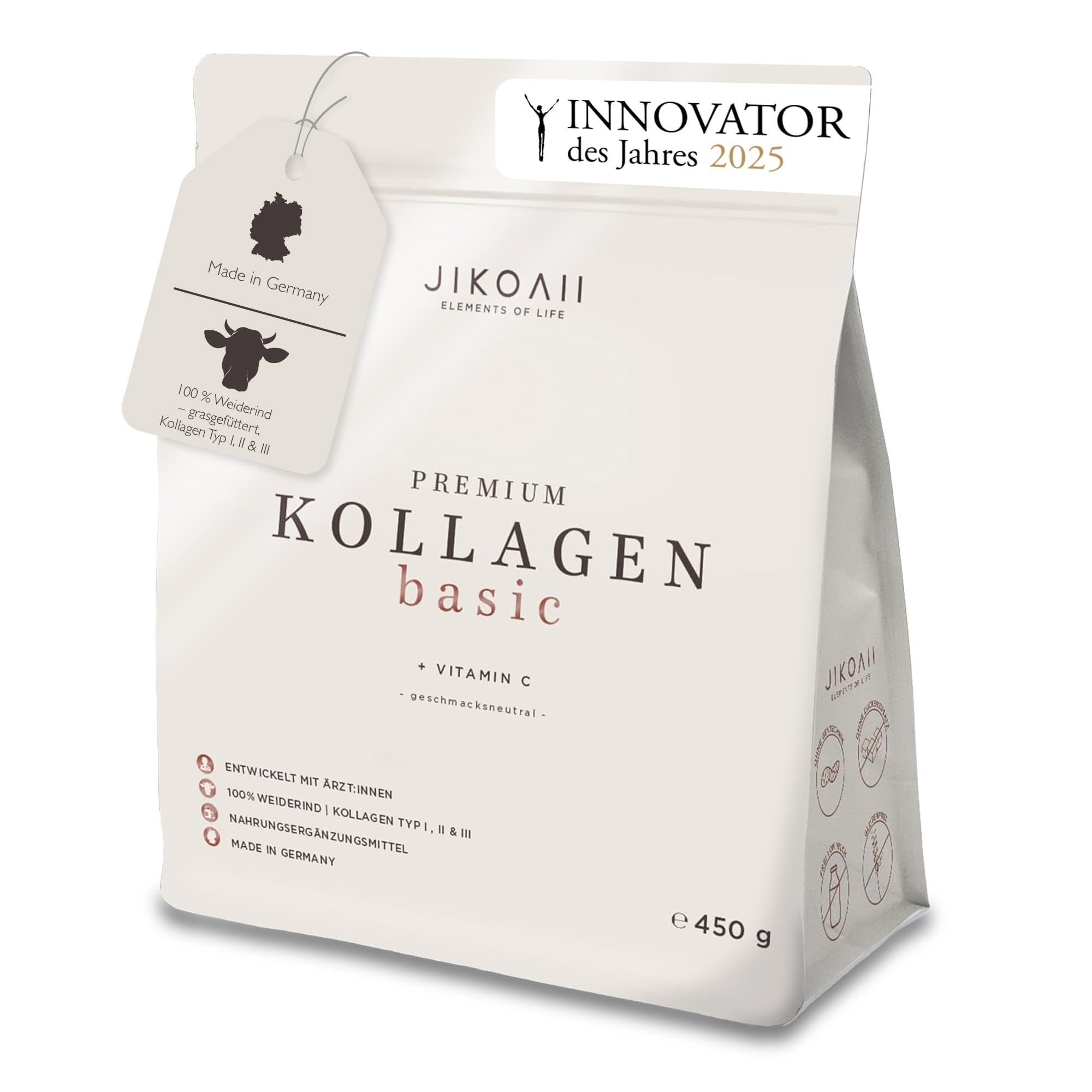 Beutel mit JIKOAII Premium Kollagen basic. Text: PREMIUM KOLLAGEN basic + Vitamin C. Zertifizierung: Made in Germany.