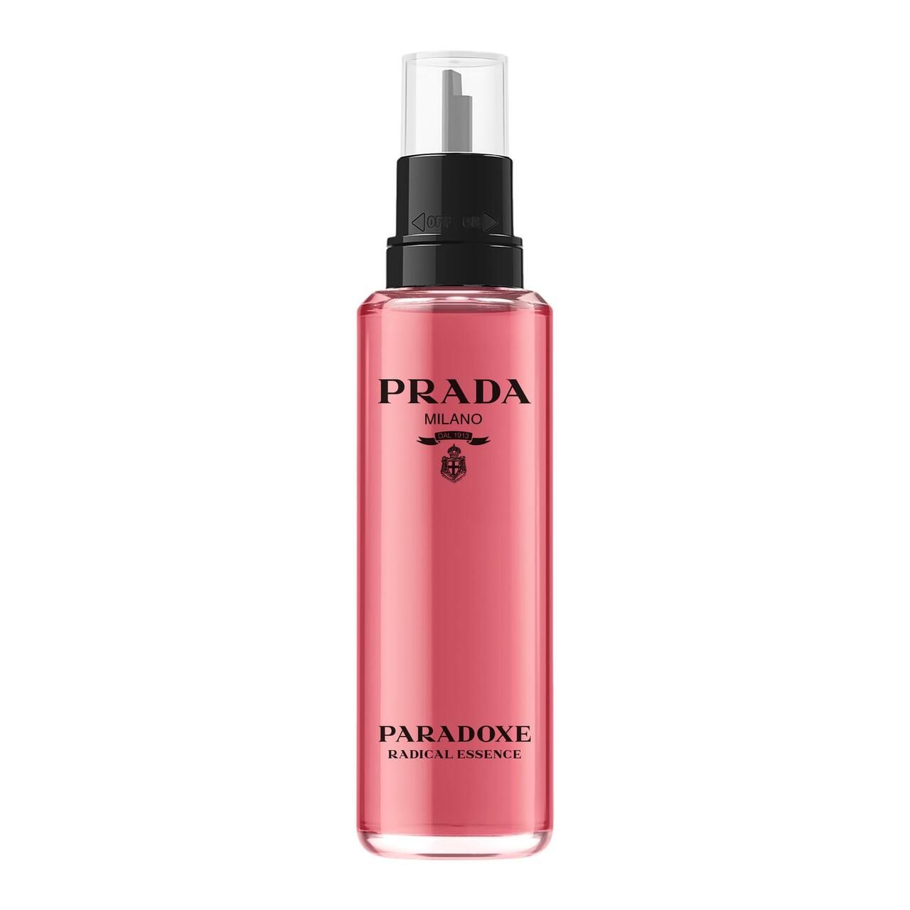 Rosa Flasche mit schwarzem Verschluss. Text: PRADA MILANO, PARADOXE RADICAL ESSENCE.