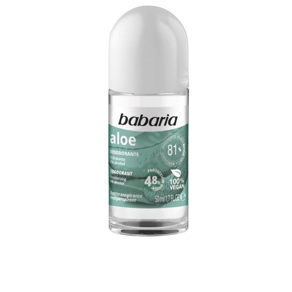 Babaria Aloe Vera Roll-on-Deodorant. Weißer Deckel, transparente Flasche. Text: Aloe, Desodorante, 0% Alkohol, 48h Schutz, 100% vegan.