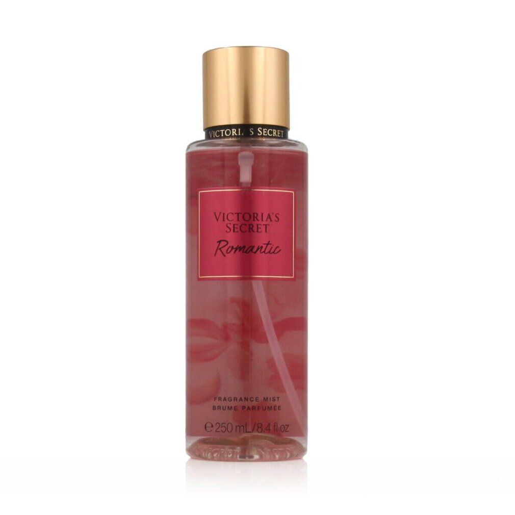 Dunkelrote Flasche mit Sprühkopf. Aufkleber "Victoria's Secret Romantic". Text: "Fragrance Mist".