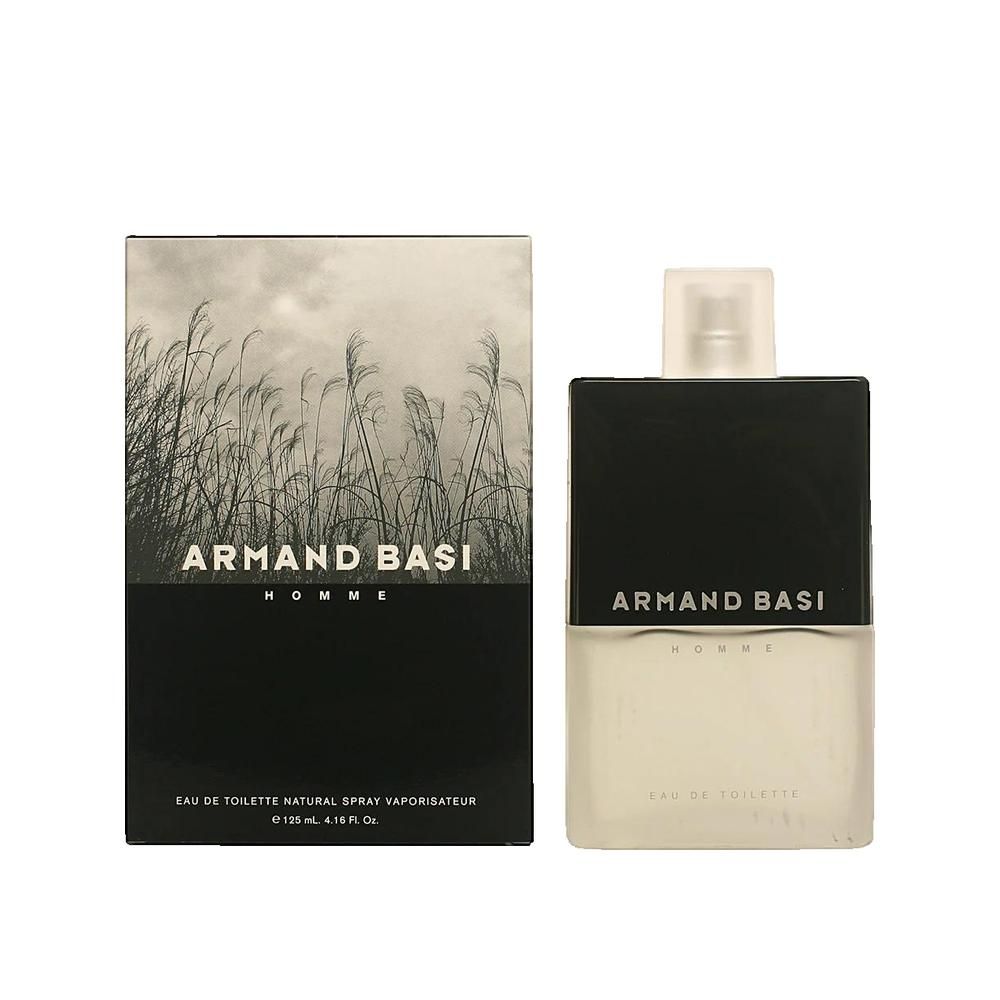 Eau de Toilette Armand Basi Homme. Flakon und Verpackung. Schwarzer Deckel, transparente Sprühvorrichtung. Verpackung mit Landschaftsmotiv.