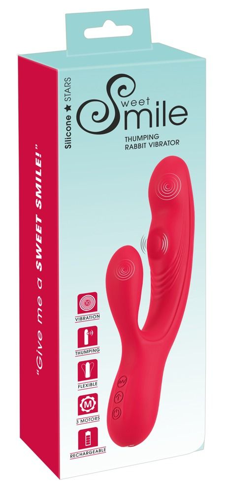 Verpackung von Sweet Smile. Roter Vibrator mit gebogener Form und zusätzlichem Element. Text und Symbole.