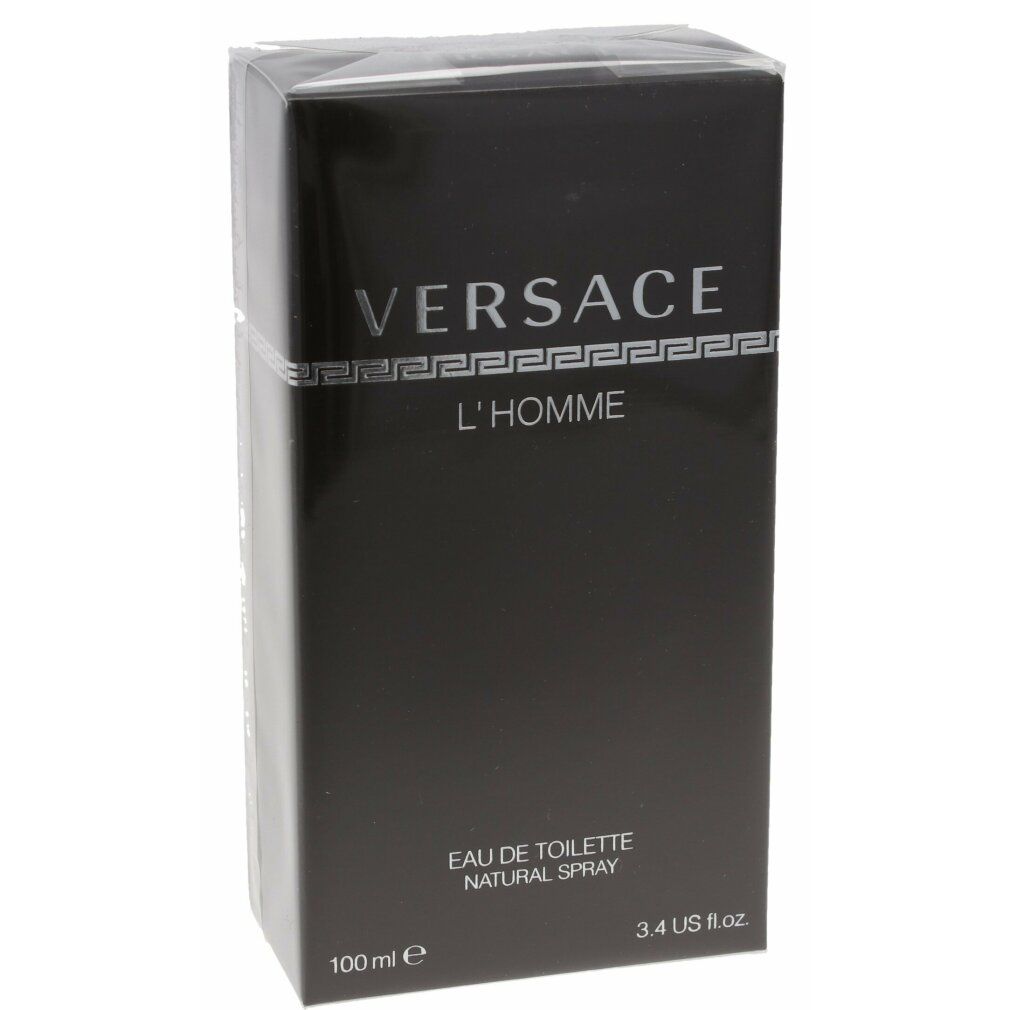 Schwarzer rechteckiger Karton mit Versace-Logo und Schriftzug L'Homme. Klarer Kunststoff umhüllt die Verpackung.