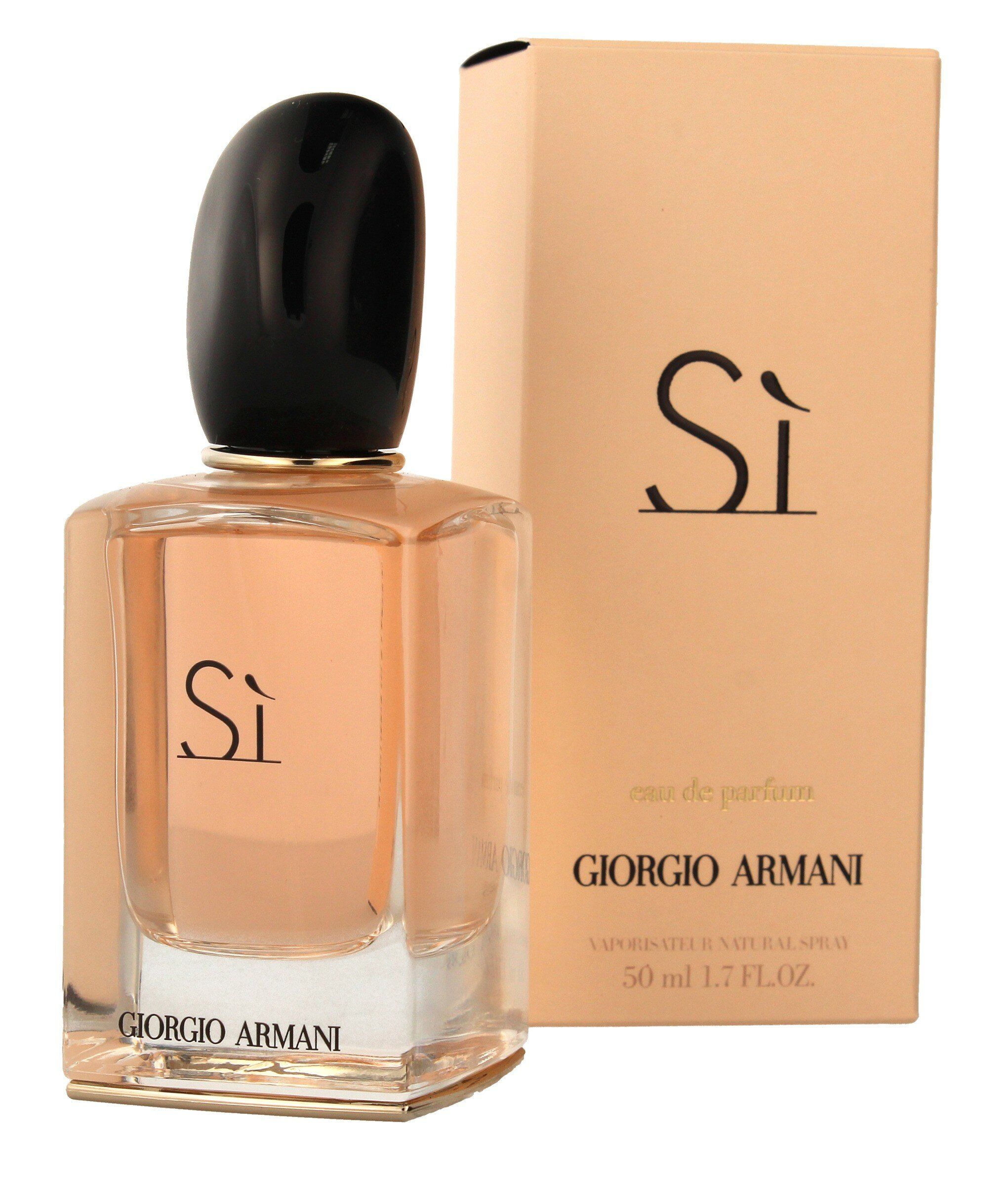 Flakon und Verpackung. Flakon mit schwarzem Deckel, Aufschrift: Sì, GIORGIO ARMANI. Verpackung mit Aufschrift: Sì, GIORGIO ARMANI.