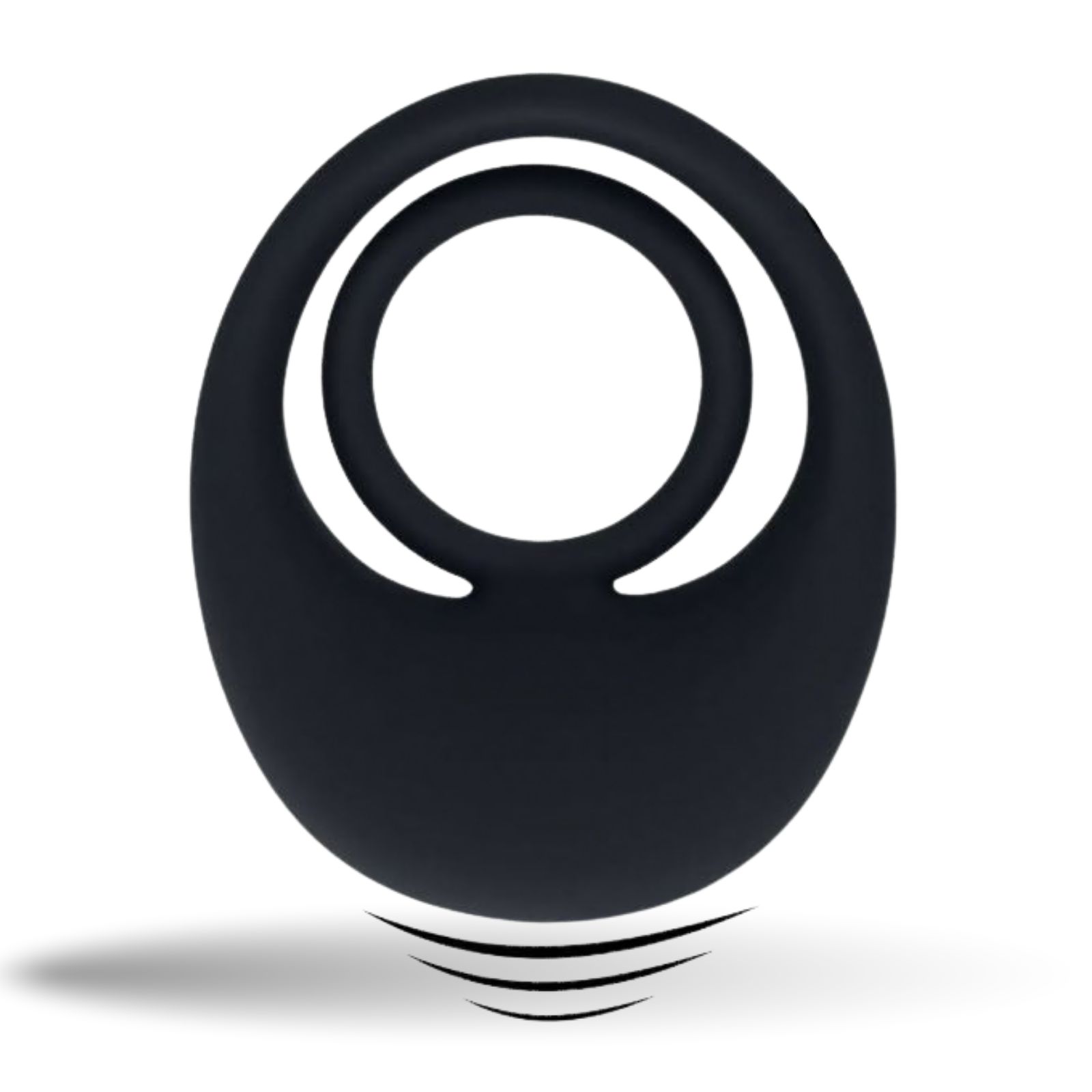 Schwarzer Penisring mit zwei konzentrischen Ringen. Unterseite mit drei Streifen.