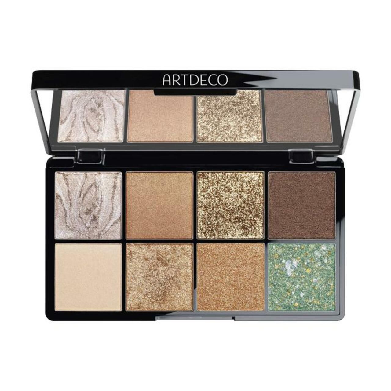 Lidschatten-Palette mit acht Farbtönen, darunter Glitzer. Schwarzer Rahmen, Spiegel und Marke ARTDECO.