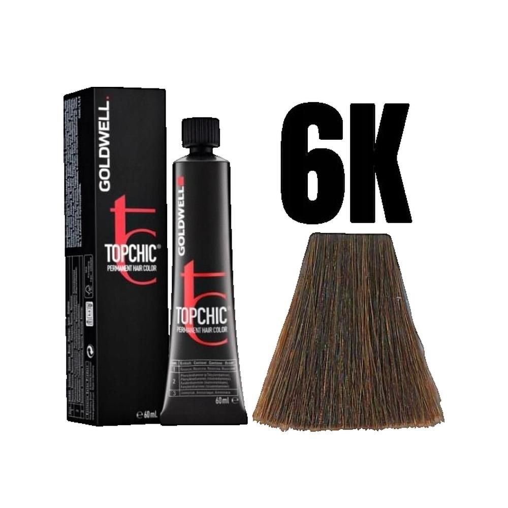 Goldwell Topchic Haarfarbe, 6K. Schwarze Tube und Schachtel. Farbmuster. Produktname und Details.