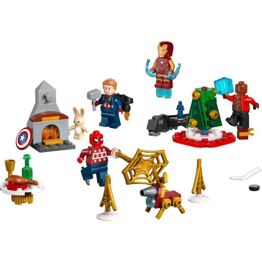 LEGO Marvel Adventskalender mit Figuren und Szenen. Enthält Iron Man, Spider-Man und Captain America. Einzelne Elemente.