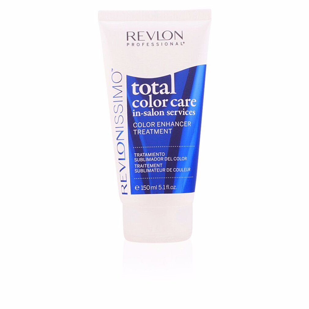 Weiß-blaue Tube mit Produktbezeichnung: Revlonissimo Total Color Care Color Enhancer Treatment. Text in mehreren Sprachen.