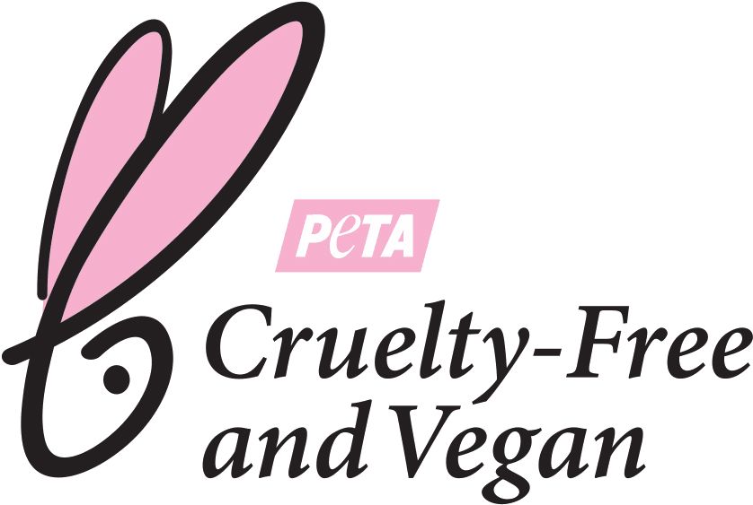 Logo: Hase mit Ohren, Text: PETA Cruelty-Free and Vegan.