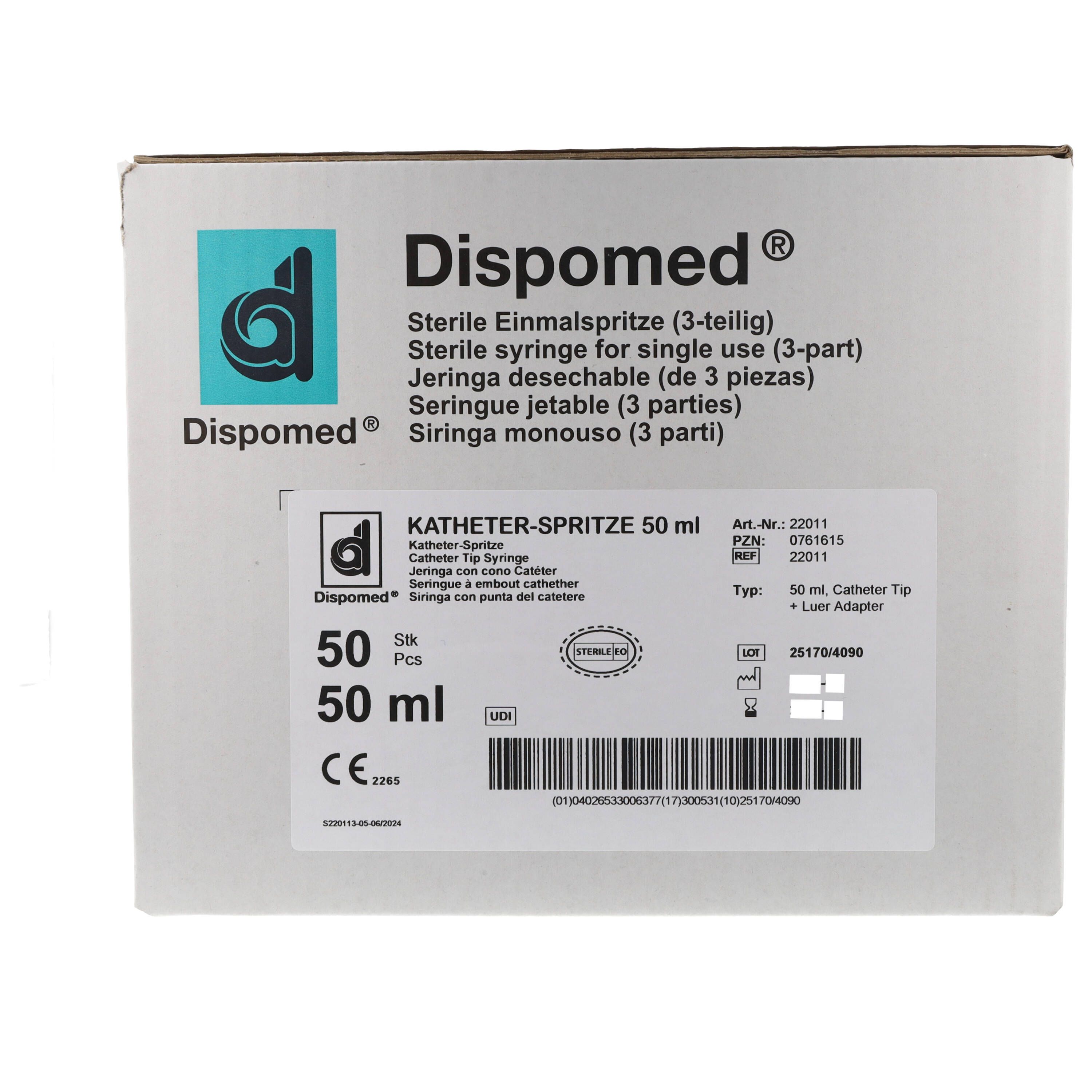 Karton mit DISPOMED Katheter-Spritzen. 50 ml, 50 Stück. Mit Luer-Adapter. Produktinformationen und CE-Kennzeichnung.