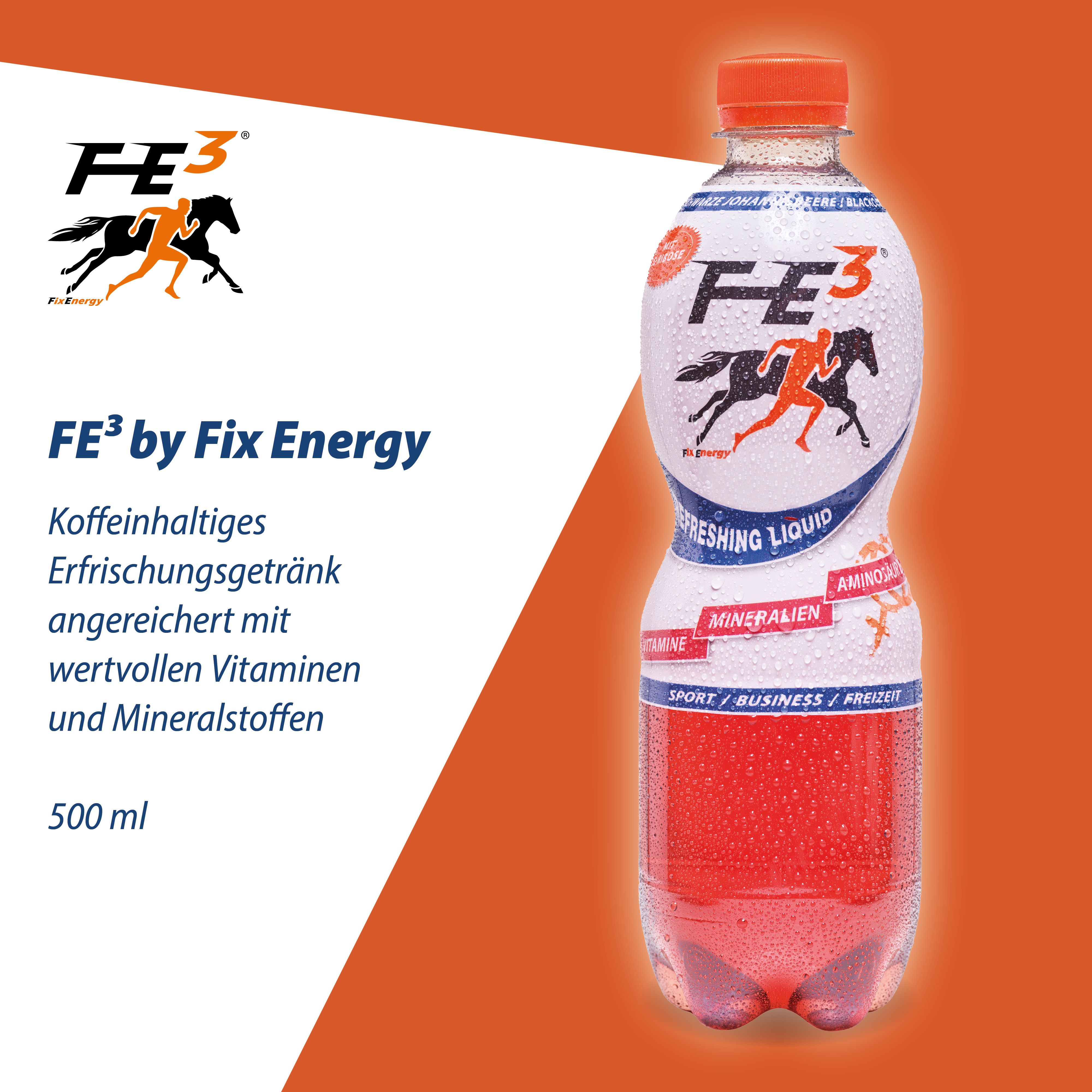 FE³ by Fix Energy Flasche. Weiße und orangefarbene Flasche mit roter Flüssigkeit. Logo mit Pferd. Text: Refreshing Liquid, Mineralien.