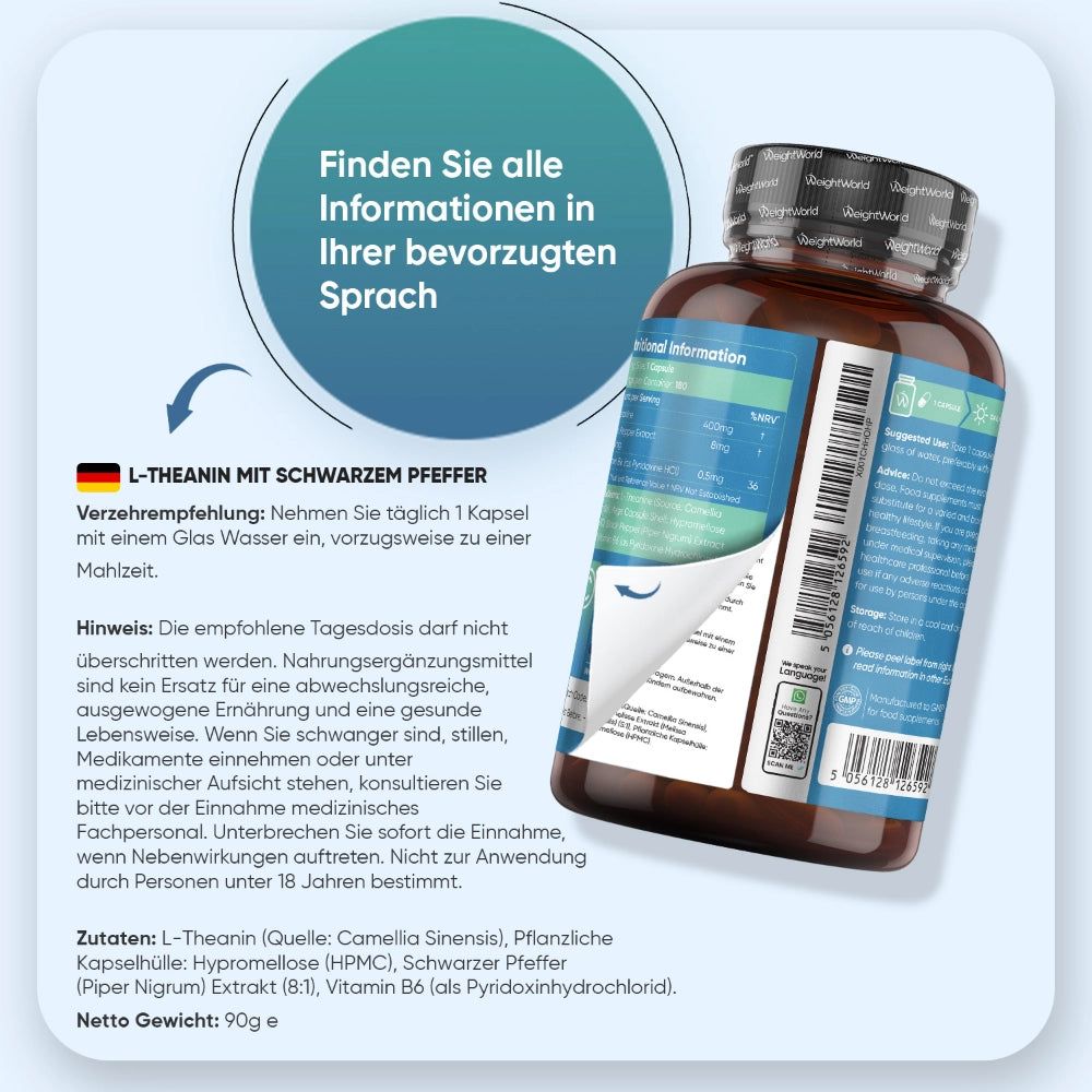 WeightWorld L-Theanin Kapseln: Rückseite der Flasche mit deutscher und englischer Nährwertangabe und Zutatenliste.