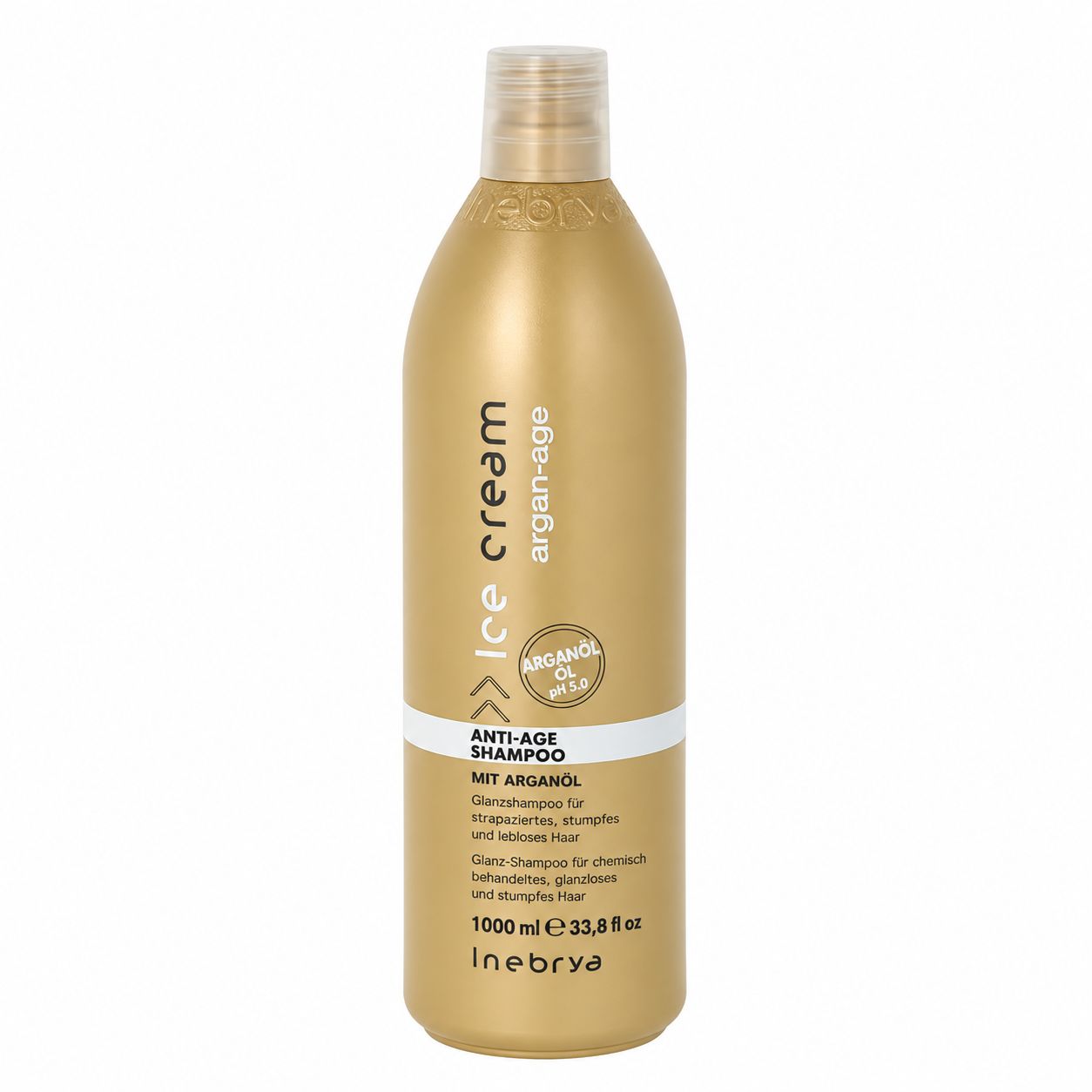 Goldener Flakon mit weißem Verschluss. Anti-Aging Shampoo mit Arganöl für chemisch behandeltes, strapaziertes Haar.