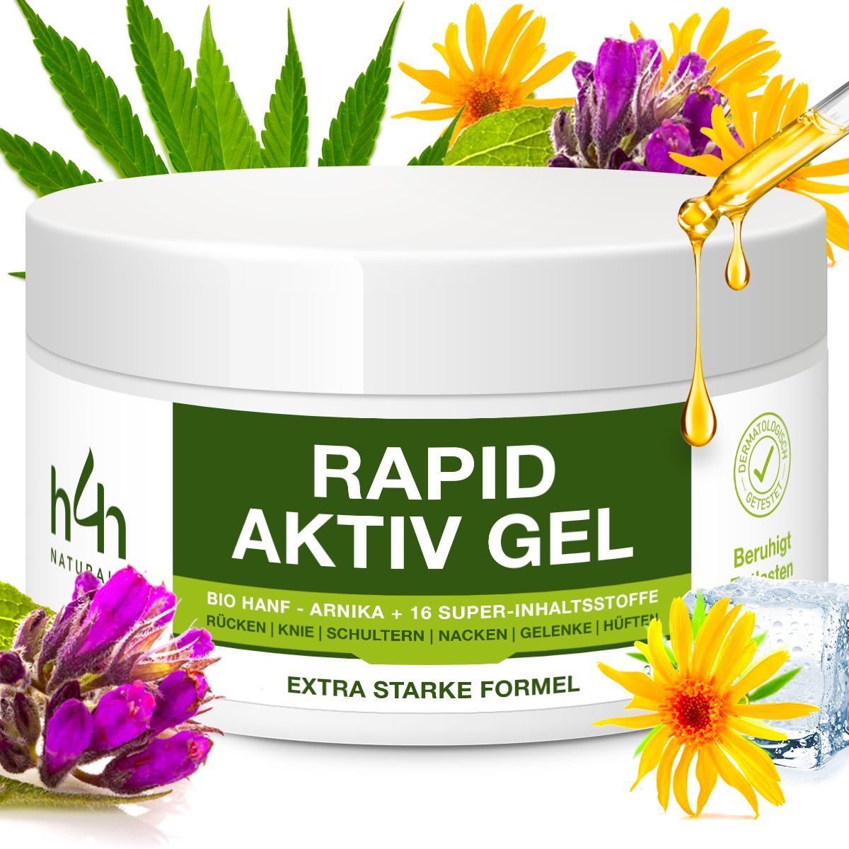 Weißer Tiegel mit grünem Etikett. Gelbe Flüssigkeit tropft. Blumen und Blätter. Text: Rapid Aktiv Gel, Bio Hanf, Arnika, 16 Super-Inhaltsstoffe.