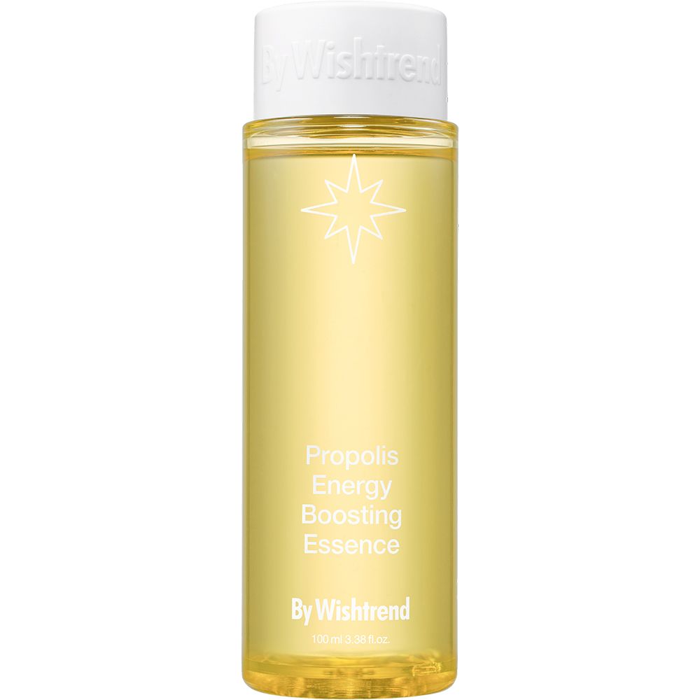 Zylindrische Flasche mit gelber Flüssigkeit. Weißer Deckel. Aufschrift: Propolis Energy Boosting Essence, By Wishtrend.