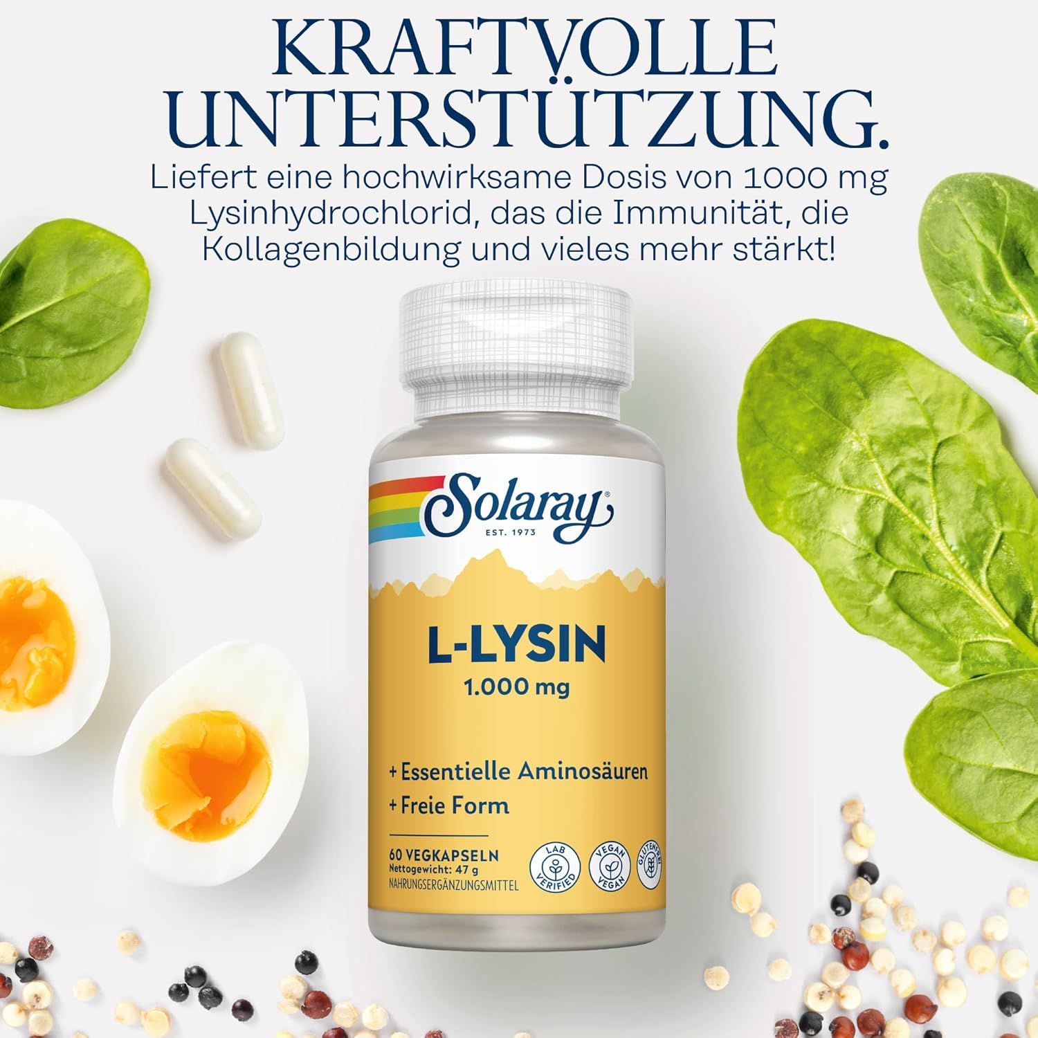 Solaray L-Lysin Kapseln: Flasche mit 60 Vegakapseln, 1000 mg L-Lysin pro Kapsel. Laborgeprüft, vegan, glutenfrei.