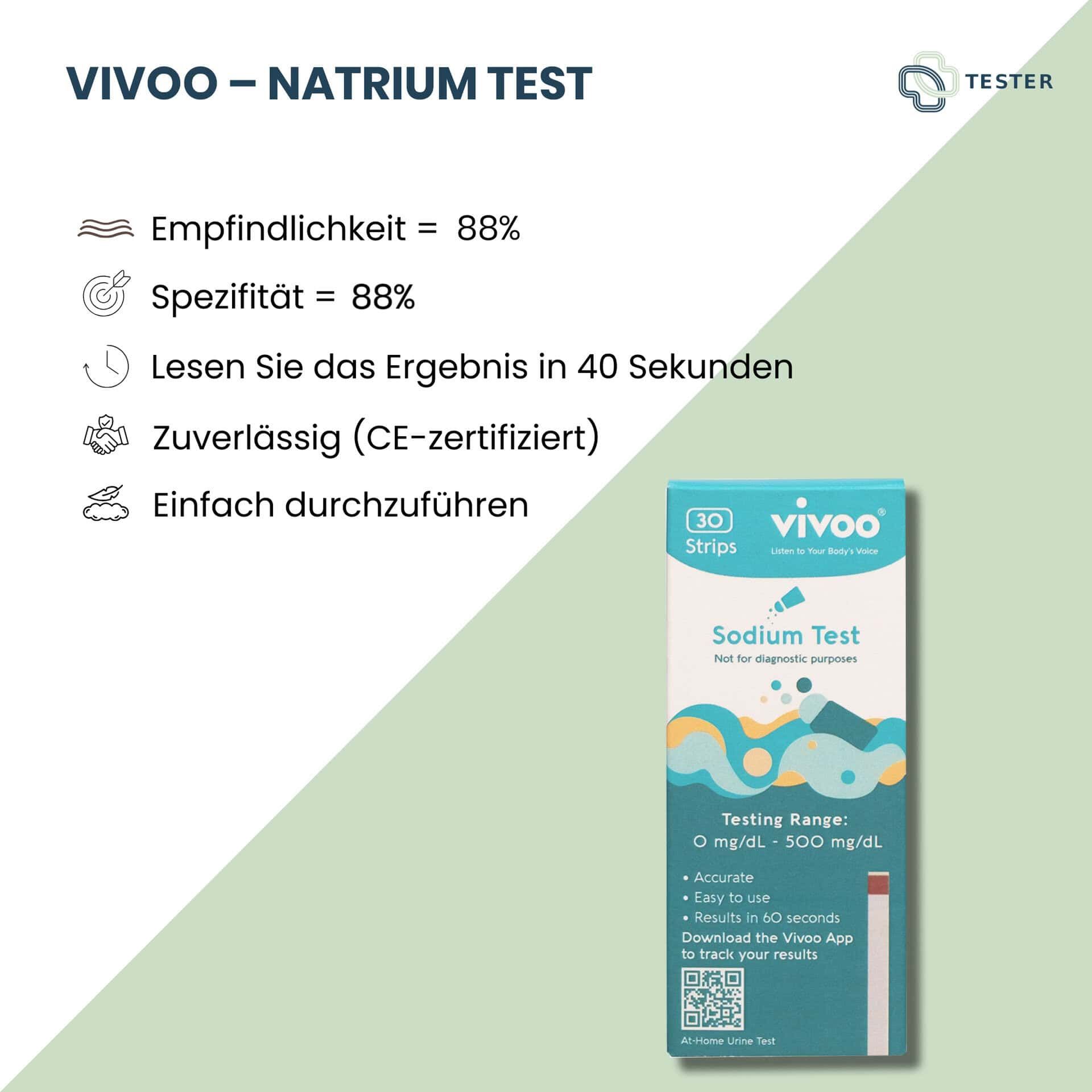 Vivoo Natrium Test: 30 Streifen, CE-zertifiziert. Ergebnisse in 40 Sek. Empfindlichkeit/Spezifität 88%.