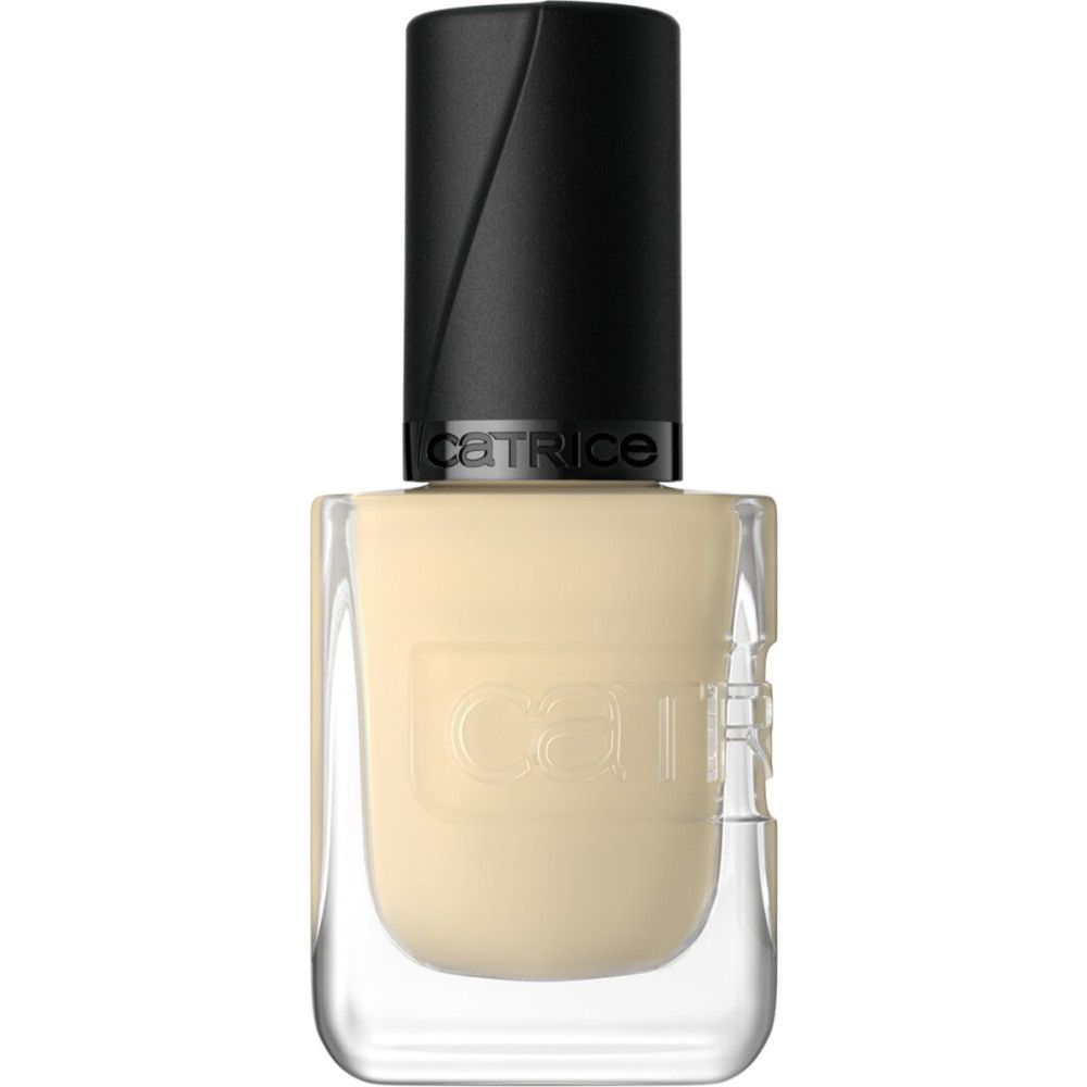Geschlossene Nagellackflasche, beige. Schwarzer Deckel. Marke Catrice.