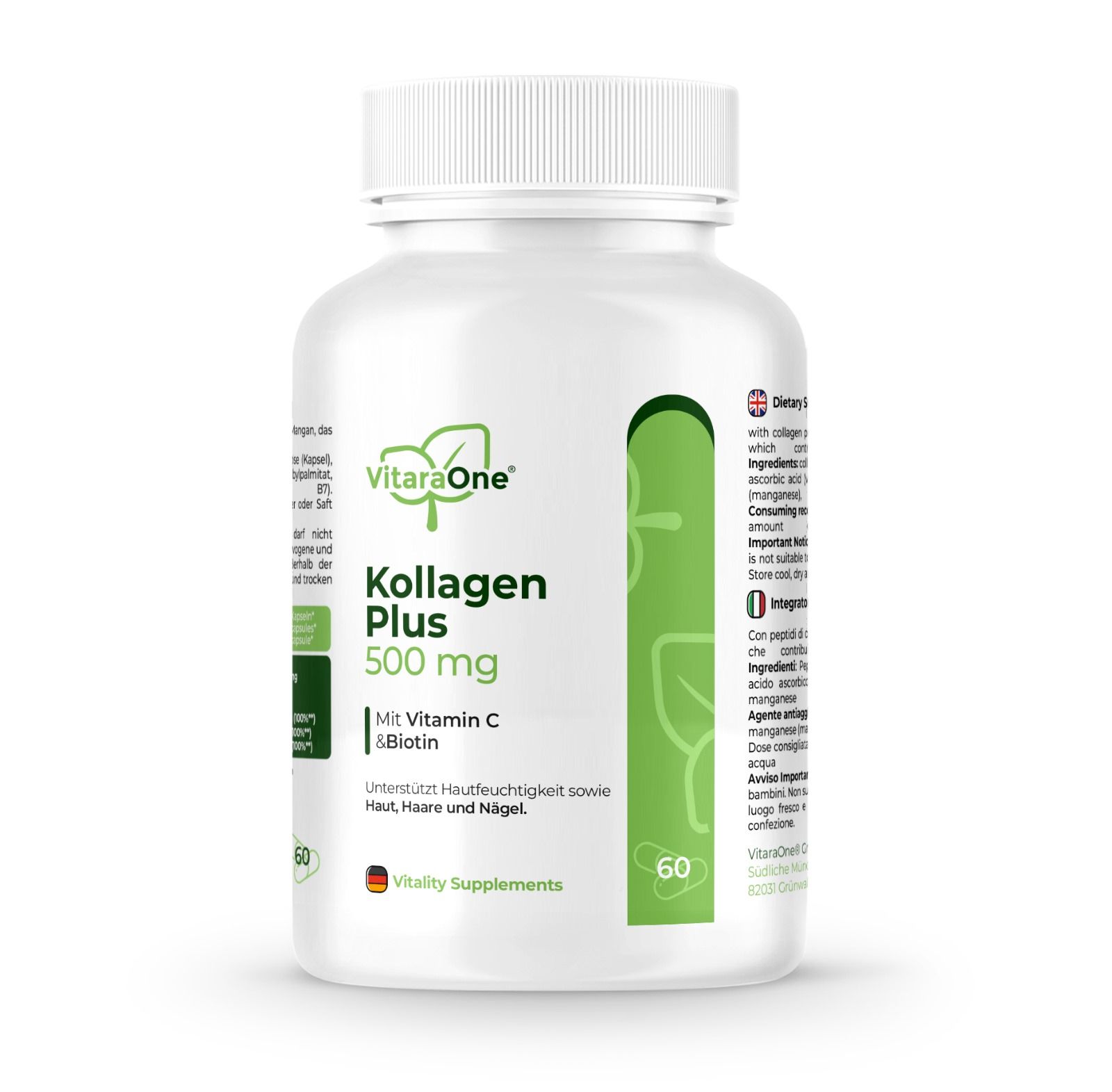 Weiße Flasche mit grünem Etikett. Enthält VitaraOne® Kollagen Plus 500 mg. Mit Vitamin C & Biotin. 60 Kapseln.