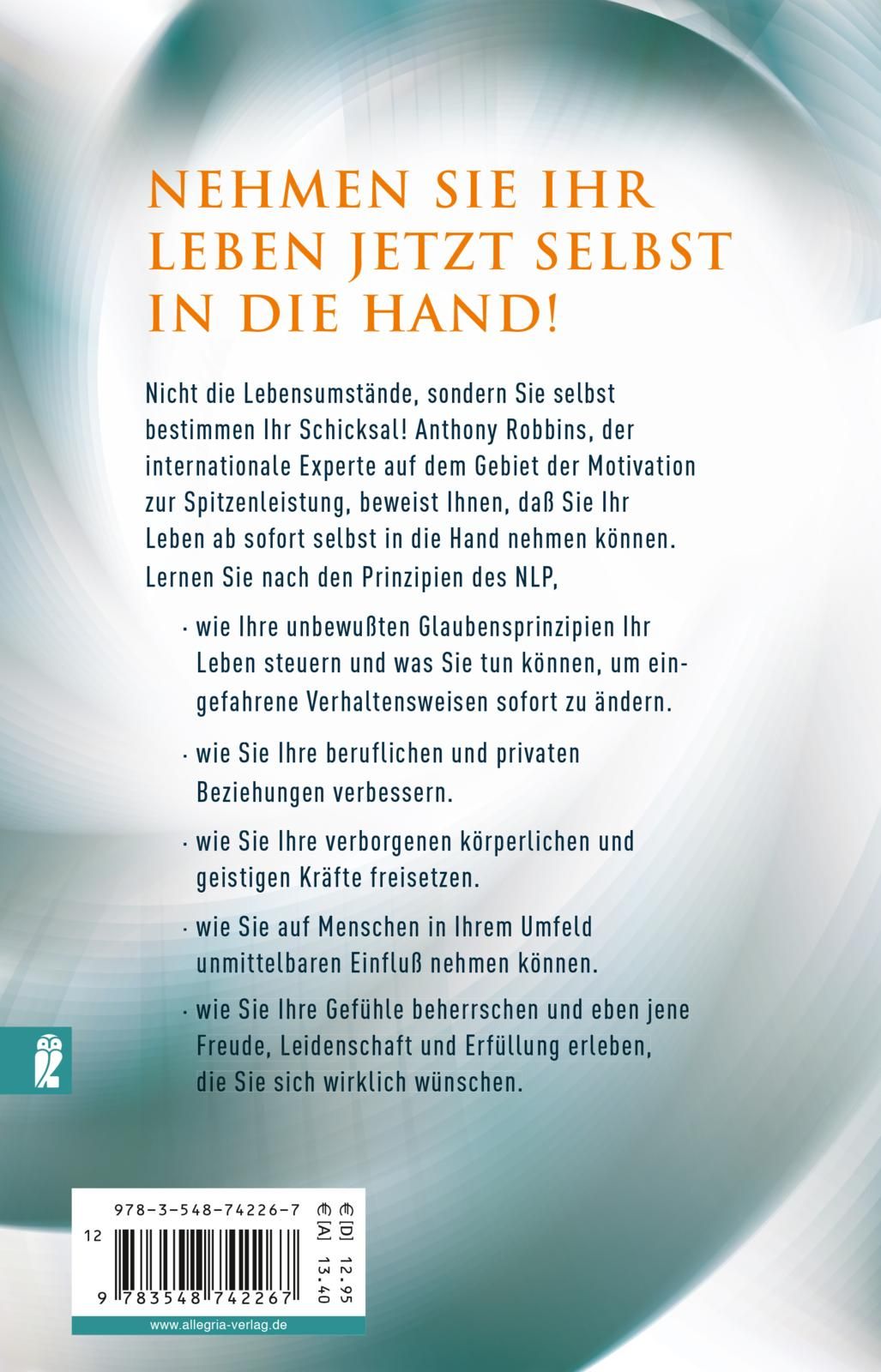 Buchrückseite: Text in deutscher Sprache. Titel: "Nehmen Sie Ihr Leben jetzt selbst in die Hand!". Verlag Allegria.