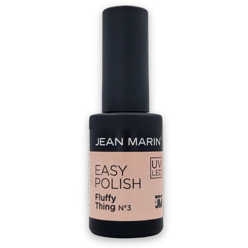 Flasche Nagellack, schwarz mit Produktinformationen. Aufschrift: JEAN MARIN, EASY POLISH, Fluffy Thing N°3. UV LED.
