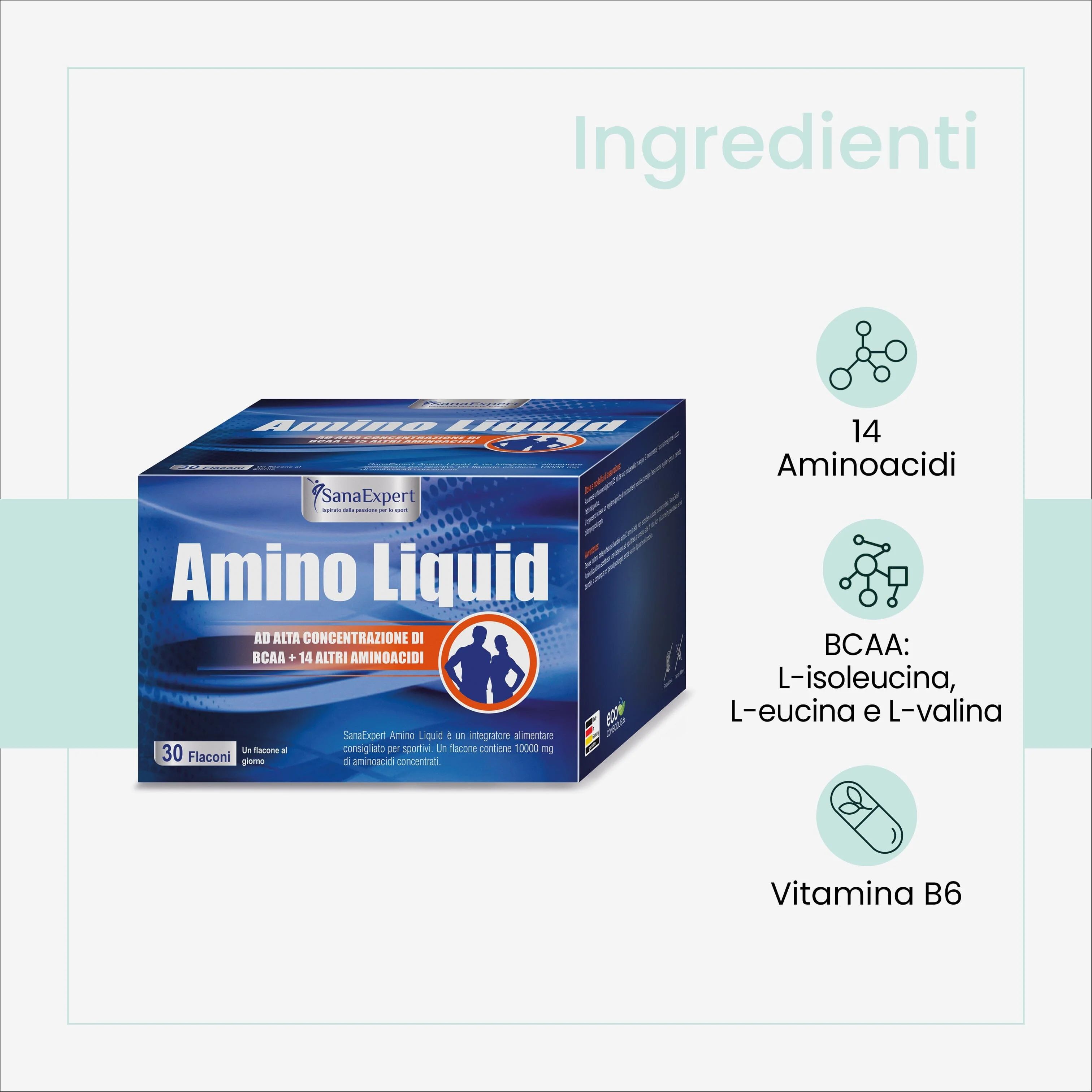 Blaue Verpackung von SanaExpert Amino Liquid. Enthält 30 Fläschchen. Aufschrift: Aminosäuren, BCAA und Vitamin B6.