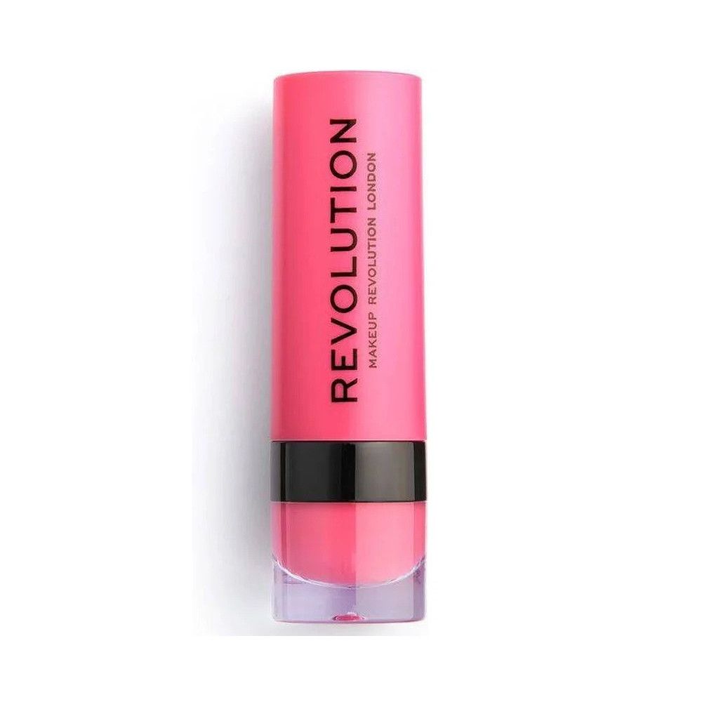 Geschlossener pinkfarbener Lippenstift. Schwarzer Ring, transparente Basis. Aufschrift: REVOLUTION MAKEUP REVOLUTION LONDON.