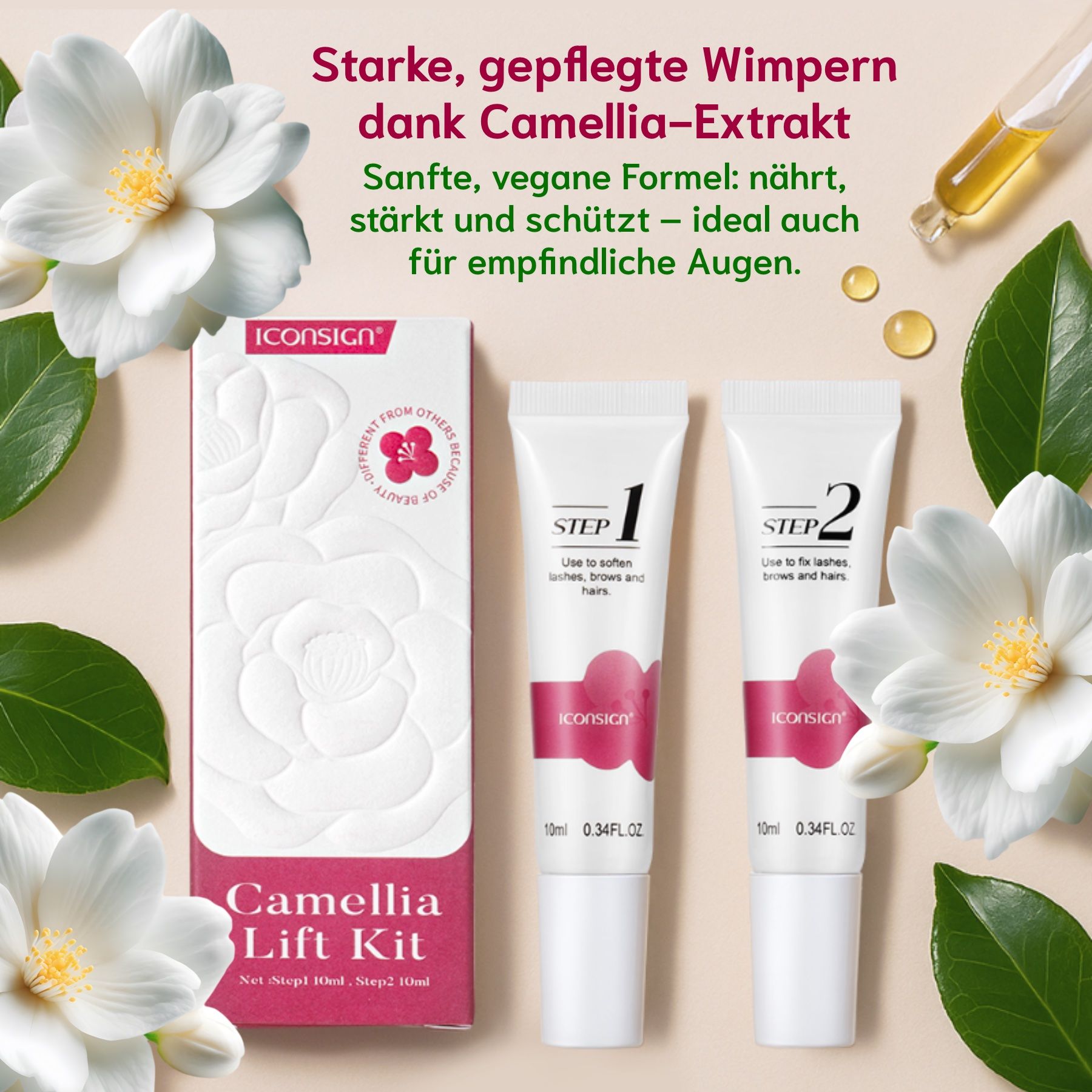 Zwei Tuben mit Creme, 'STEP 1' und 'STEP 2'. Verpackung mit Produktnamen und Logo. Hintergrund mit Blüten.