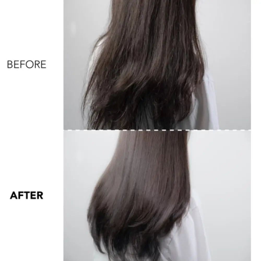 Vorher-Nachher-Vergleich von Haaren. Oben: ungebürstetes, krauses Haar. Unten: glattes, glänzendes Haar. Text: BEFORE, AFTER.
