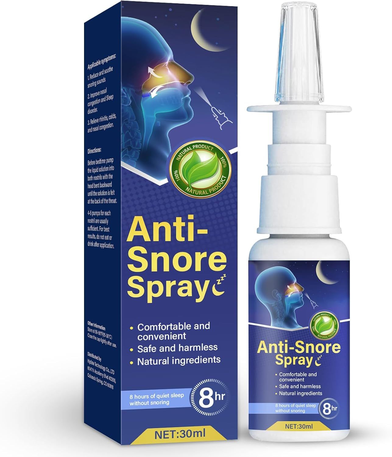 Nasenspray und Verpackung. Aufschrift: Anti-Schnarch Spray. Enthält 30 ml. 8 Stunden ruhiger Schlaf ohne Schnarchen.