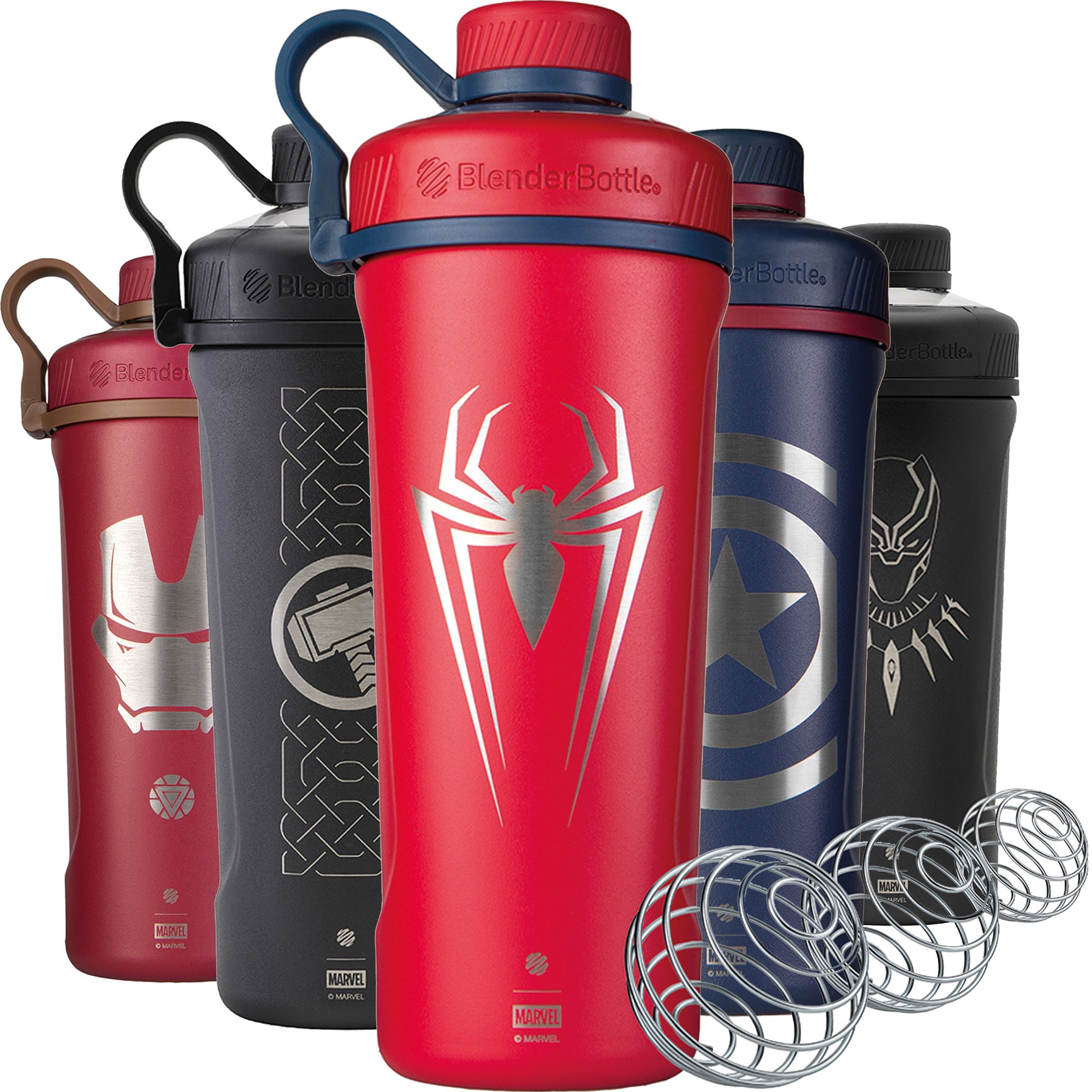 Mehrere Edelstahl-Trinkflaschen mit Marvel-Motiven und Kugeln. Verschiedene Farben und Designs. Marvel-Logo.