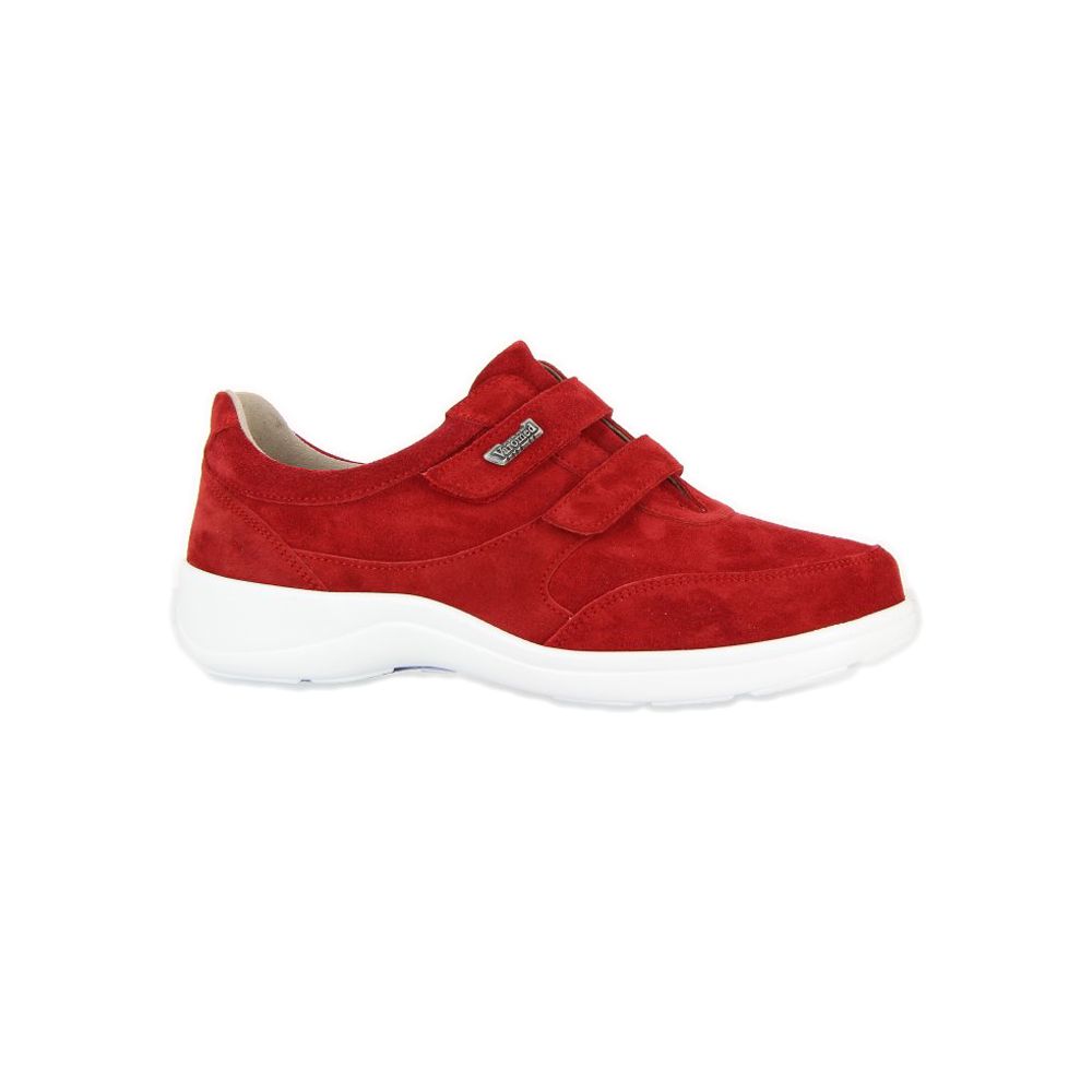 Roter Klettschuh mit weißer Sohle. Zwei Klettverschlüsse. Marke Varomed.